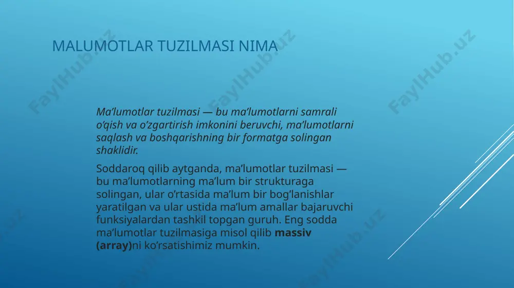o’plab turlarga bo’linib ketadi. shuning uchun ularni keyinroqqa qoldiramiz. bundan tashqari barcha tuzilmalarning hamma joyda ingliz tilidagi nomi ishlatilgani va ularning nomi odatda tarjima qilinmaganligi sababli keyingi o’rinlarda men ularning asosan ingliz tilidagi nomlarini ishlataman. ma’lumotlar tuzilmalari ustida asosiy bajarilishi mumkin bo’lgan amallar bularga ma’lumotlarni ko’rib chiqish (traversing) o’qib olish (retrieving) kiritish (insertion) o’chirish (deletion) qidirish (search) saralash (sorting) birlashtirish (merging)lar kiradi. turli xildagi ma’lumotlar tuzilmalarida esa yuqoridagi amallar turlicha tezlikda amalga oshadi. malumotlar tuzilmasining umumiy ko'rinishlari 1. bir o'lchovli (linear) tuzilmalar: massivlar (arrays): tashqi uzunlikka ega bo'lgan, elementlar ketma-ket joylashgan tuzilma. har bir elementga indeks orqali murojaat qilish mumkin. ro'yxatlar (lists): dinamik uzunlikka ega bo'lib, o'zgartirishlar qilish mumkin (kiritish, o'chirish). python, java, c++ kabi tillarda mavjud. stek (stack): lifo (last in, first out) printsipi asosida ishlaydi: oxirgi qo'shilgan element birinchi bo'lib o'chiriladi. navbat (queue): fifo (first in, first out) printsipi asosida ishlaydi: birinchi qo'shilgan element birinchi bo'lib o'chiriladi. 2. …