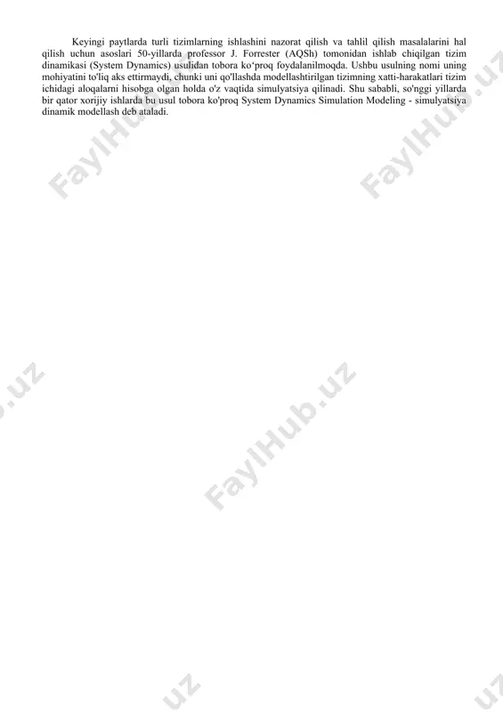 ga reaktsiyasining tabiatini va kelajakda uning xatti-harakatlari traektoriyasini belgilaydi: bir muncha vaqt o'tgach, u kutilganidan farq qilishi mumkin (va ba'zan hatto aksincha), chunki vaqt o'tishi bilan tizimning xatti-harakati ichki sabablarga ko'ra o'zgarishi mumkin. shuning uchun hozirgi va kelajakda xatolar va asossiz xarajatlardan qochish imkonini beruvchi model yordamida tizimning xatti-harakatlarini oldindan tekshirish tavsiya etiladi. simulyatsiya dinamik modellashtirishda simulyatsiya qilingan tizimning ichki tuzilishini etarli darajada aks ettiruvchi model quriladi; keyin modelning xatti-harakati kompyuterda o'zboshimchalik bilan uzoq vaqt oldin tekshiriladi. bu butun tizimning ham, uning tarkibiy qismlarining ham xatti-harakatlarini o'rganish imkonini beradi. simulyatsiya dinamik modellari tizim elementlari va har bir elementdagi o'zgarishlar dinamikasi o'rtasidagi sabab-natija munosabatlarini aks ettirishga imkon beruvchi maxsus apparatdan foydalanadi. haqiqiy tizimlar modellari odatda sezilarli miqdordagi o'zgaruvchilarni o'z ichiga oladi, shuning uchun ularni simulyatsiya qilish kompyuterda amalga oshiriladi. tadqiqot usullarining butun majmuasini uchta katta guruhga bo'lish mumkin: mutaxassislarning bilimlari va sezgilaridan foydalanishga asoslangan usullar; boshqaruv tizimlarini rasmiylashtirilgan tasvirlash usullari (o'rganilayotgan …
