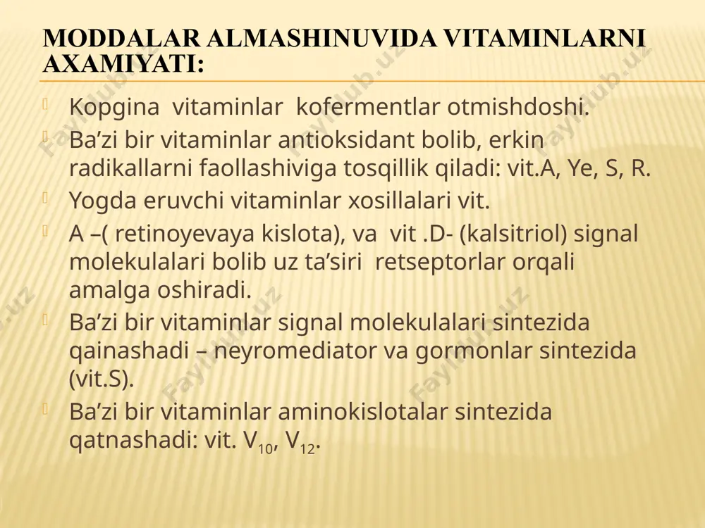 ns). vitaminning qisman yetishmasligi – gipovitaminoz. vitaminning kоp yetishmasligi – avitaminoz. bitta vitaminning yetishmasligi – mono monogipovitaminoz. bir necha vitaminlarning yetishmasligi –poligipovitaminoz. meyordan oshib ketishi – gipervitaminoz. овкат таркибида етарли даражада витаминлар булмаслиги (овкатни нотугри сакланиши ва нотугри ишлов бериши). гипо- ва авитаминозга олиб келувчи сабаблар: овкат таркиби (масалан, рационда мева –сабзавотларни булмаслиги). ташки сабаблар организмни маълум бир витаминга эхтиежи инобатга олмаслик. масалан, оксилли диеталарда "рр" витаминига ехтиеж ортади (одий холда овкатланишда рр триптофандан синтезланади). агар кўп оқсил исътемол қилинса в6 витаминига эхтиеж ортади вит рр эхтиеж камаяди. социал сабаблар: ахоли сонини ортиши,,овқатланиш юқори каллорияли ва консерваланган овқат; овқат таркибида антивитаминлар бўлиши сабабли. ички сабаблар физиологик эхтиёжни ортиши, масалан, хомладарлик, лактация вақтида,оғир мехнат фаолияти узоқ ва оғир инфекцион кассаликларда, хасталикдан тузалиш даврида витаминларни сўрилиши бузилиши оит кассаликларида, например, ўт тош кассаликларида ёгда эрувчи витаминлар сўрилмайди. дисбактериоз кишечника. имеет значение, так как некоторые витамины синтезируются полностью микрофлорой кишечника (это витамины в3, …