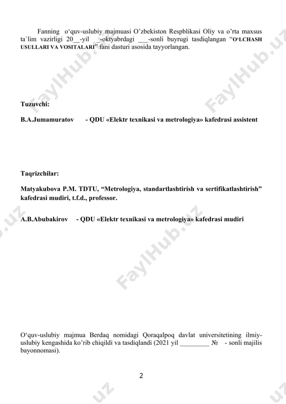 quv fanidan o'quv materiallari o‘zbekiston respublikasi oliy va o‘rta maxsus ta’lim vazirligi berdaq nomidagi qoraqalpoq davlat universiteti «elektr texnikasi va metrologiya» kafedrasi « o‘lchash usullari va vositalari » o‘quv fanidan ma’ruzalar matni kirish atrofimizdagi ihtiyoriy olingan biror bir ob’ekt (predmet, jarayon yoki hodisa) to‘g‘risida gap borganda albatta ularni tavsiflovchi muayyan xossa (xossalar)ni ko‘z oldimizga keltiramiz. bu xossalar ko‘p yoki kam darajada namoyon bo‘lishi, boshqacharoq aytganda, miqdoriy baholanishi mumkin. odatda miqdoriy baholashni o‘lchash amali orqali bajarish mumkin. o‘lchashlar inson faoliyatining ajralmas bir bo‘lagi bo‘lib, uning hayotini o‘lchashlarsiz tasavvur etib bo‘lmaydi. kishi erta bilan uyg‘ongan zahoti, birinchi navbatda vaqtni baholaydi, choy ichganda esa haroratni, ishga yoki o‘qishga ketayotganda masofani baholaydi. o‘lchashlar uzluksiz, takroriy yoki davriy ravishda, ba’zan bilgan holda, ba’zan esa bilmagan holda sodir bo‘lib turadi. ona tabiat insonni shunday bir, ajoyib, faqat o‘zigagina xos bo‘lgan xususiyat, ya’ni hissiyot bilan ta’minlaganki, bu nafaqat insonlar uchun, balki barcha tirik mavjudot uchun ham xos …