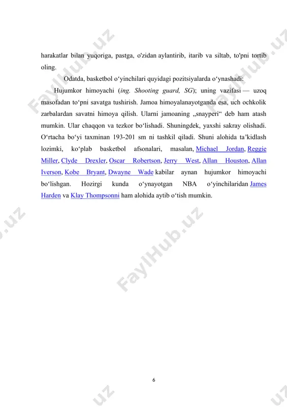 lishadi. oʻrtacha boʻyi taxminan 193-201 sm ni tashkil qiladi. shuni alohida taʼkidlash lozimki, koʻplab basketbol afsonalari, masalan, michael jordan, reggie miller, clyde drexler, oscar robertson, jerry west, allan houston, allan iverson, kobe bryant, dwayne wade kabilar aynan hujumkor himoyachi boʻlishgan. hozirgi kunda oʻynayotgan nba oʻyinchilaridan james harden va klay thompsonni ham alohida aytib oʻtish mumkin. basketbolchi yahshi natijaga erishmoqchi bo’lsa, u ko’p texnik usullarni egallagan bo’lishi, aniq sharoitga muvofiq keladigan usulni tez tanlay bilishi hamda ularni aniq bajara olishi lozim. shunday qilib, rivojlanishning har bir davrdagi sportchi texnikasi – bu o’yinchiga qoidalar doirasidan chiqmay, kurashning og’ir vaziyatlarida muvaffaqiyatli harakat qilishga imkon beradigan eng samarali, amalda sinalgan vositadir. bir lahzada vujudga keladigan o’yin holatlarini eng yaxshi natijalarga erishish uchun, basketbolchi har xil texnik malakalar va usullarning hammasini egallashi, eng to’g’ri keladigan usulni yoki usullarni tanlay olishi, ularni tez va aniq bajarishi kerak. basketbol o’yini texnikasini bir tartibda o’rganish uchun tasnifdan foydalaniladi. …