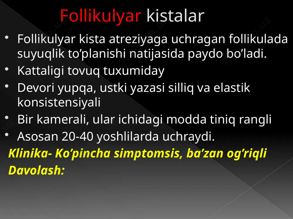 ascit kuzatiladi.xavfli va xavfsiz kechadi.xavfli tekoma tez o’sadi,metastazlar beradi. davosi:tekoma xavfsiz kechganda o’smani olib tashlanadi. o’sma xavfli kechganda esa bachadon ni ortiqlari bilan birgalikda olib tashlanadi. so’ng nur terapiya o’tkaziladi. okibati:xavfsiz tekomada yaxshi, xavflida esa bazan eaxshi bazan eomon teratoma(teratoblastoma) teratoblastoma xavfli o’sma .tartibsiz joylashgan,etilmagan embrional elementlar to’plamidan xosil bo’ladi. kam uchraydi. asosan bolalik va usmirlik davrida uchraydi tuxumdon o’smalarining 2-2,5% ni tashqil qiladi. teratoblastoma qon tomirlarga juda boybo’lganligi tufayli,o’smaning qobig’i va ichiga ko’pincha qon quyilishlar kuzatiladi. klinikasi: astenik tana tuzilishiga ega,kizlarda uchraydi.bemorlar asosan xech narsaga shikoyat qilmaydilar.kasallikning asosiy belgisi bo’lib,kichik chanoq bo’shligida o’smasimon xarakatchan xosilaninganiqlanishi. o’sma juda tez o’sadi va o’sma oyoqchasi yo’q .o’sma ko’pincha ikki tomonlama ,zich bir xilda bo’lmagan konsistensiali,gadir-budir . o’sma kesganda kistozli miyasimon to’qimadan iborat. teratoblastomalar implantirlanish ,limfa va gematogen yo’l bilan tarqaladigan metaztazlar beradi. davolash: jarroxlik yo’li bilan davolanadi. bachadonni ortiqlari bilan qin usti amputatsiyasi,katta charvini rezekciyasi o’tkaziladi. okibati: kasallikning erta bosqichlarida jarroxlik o’tkazilsa.ba’zi …