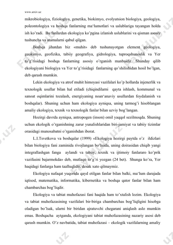 icha belgilangan: 1) organizmlar va muhit ¢rtasidagi k¢p qirrali munosabatlarni aniqlash uchun turlarning muhitga tarixiy moslanish y¢llarini ¢rganish; 2) turning yashash shakli b¢lmish tur vakillari hosil qiladigan va rivojlanadigan populyatsiyalarni ¢rganish bilan bir vaqtda ularning farqlanishi, son va sifat ¢zgarishini ¢rganish; 3) ma‘lum joyda, ma‘lum muhit hosil b¢lgan va rivojlanayotgan biotsenozlarni, ular ichidagi organizmlarning munosabatlarini ¢rganish (ergashev a., 2003). umumiy ekologiya o’z navbatida autekologiya va sinekologiyaga bo’linadi. autekologiya muhit bilan aloqador va o’zaro harakatdagi turlar populyatsiyasi yoki ularning kelib chiqishi va turlararo munosabatini o’rganadi. shuning uchun ba‘zan ekologiyaning bu bo’limi turlar ekologiyasi deb ham yuritiladi. 1896 yilda k.shryoter «sinekologiya» deb atashni tavsiya etgan. sinekologiya har-xil muhitda yashovchi organizmlarning o’zaro va abiotik muhit bilan bog’liqligini o’rganadi. shuning uchun uni o’zaro aloqadorlar ekologiyasi deb ham yuritiladi. o’rta osiyoda sinekologiyanng rivojlanishida d.n.qashqarovning xizmati katta. autekologiya va sinekologiya o’simliklar ekologiyasi va hayvonlar ekologiyasi (zooekologiya) bilan chambarchas bog’liq. ekologiyaning yana bir tarmog’i inson ekologiyasi hisoblanadi. …