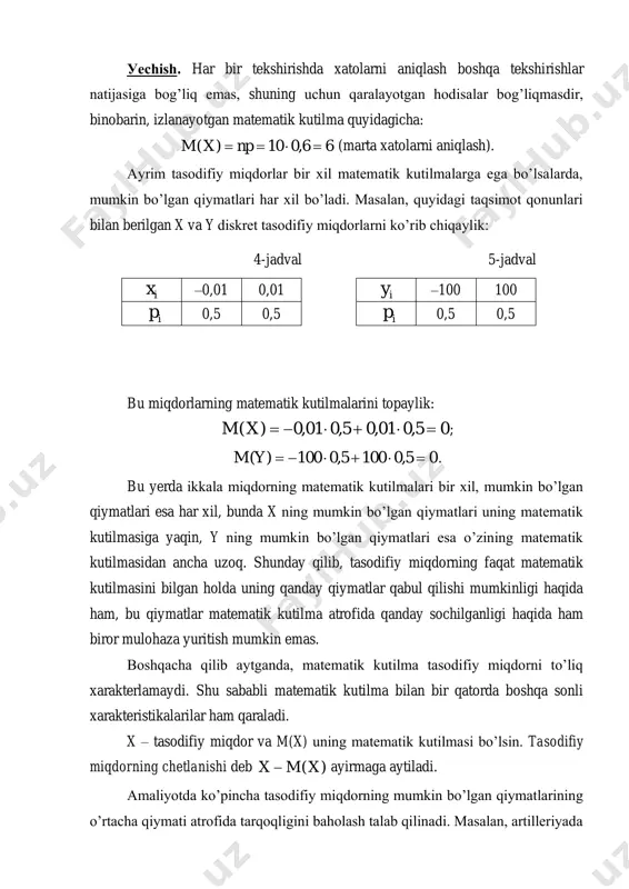 6-jadval ix 2 3 5 ip 0,1 0,6 0,3 уеchish. m(x) matematik kutilma quyidagiga teng: 5,33,056,031,02)( =++=xm . 2x tasodifiy miqdorning taqsimot qonuni quyidagicha: 7-jadval 2 ix 4 9 25 ip 0,1 0,6 0,3 )( 2xm matematik kutilma quyidagicha: 3,133,0256,091,04)( 2 =++=xm . izlanayotgan dispersiya 05,1)5,3(3,13)]([)()( 222 =−=−= xmxmxd bo’ladi. matematik kutilma kabi, dispersiya ham bir nechta xossaga ega. 6-xossa. o’zgarmas miqdorning dispersiyasi nolga teng: 0)( =сd . isbot. dispersiyaning ta’rifiga ko’ra 2)]([)( сmсmсd −= . 1-xossadan foydalanib, 0)0(][)( 2 ==−= mссmсd ni hosil qilamiz. shunday qilib, 0)( =сd . o’zgarmas miqdor doimo aynan bir xil qiymatni saqlashi va demak, tarqoqlikka ega emasligi inobatga olinsa, bu xossa oydin bo’lib qoladi. 7-xossa. o’zgarmas ko’paytuvchini kvadratga oshirib, dispersiya belgisidan tashqariga chiqarish mumkin: )()( 2 xdccxd = . 8-xossa. ikkita bog’liqmas tasodifiy miqdor yig’indisining dispersiyasi bu miqdorlar dispersiyalarining yig’indisiga teng: )()()( ydxdyxd +=+ . 3-natija. bir nechta bog’liqmas tasodifiy miqdorlar yig’indisining dispersiyasi bu …