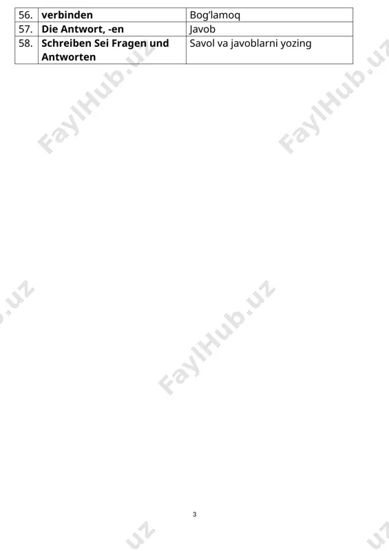 ) 17. woher weißt du das? buni qayerdan bilasan? 18. wie? qanday? (как?) 19. wie geht es dir? ahvollaring qalay? 20. warum? nimaga? (почему?) 21. warum fragst du? nimaga so‘rayapsan? 22. wie viel(e)? qancha? (сколько?) 23. wie viel zeit hast du? qancha vaqting bor? 24. welche (r,s)? qanday, qaysi(какой,-ая,-ое,-ие) 25. welche musik magst du? qanday musiqani yoqtirasan? 26. wessen? kimni? (чей) 27. wessen auto ist das? bu kimni mashinasi? 28. um wie viel uhr? soat nechchida? 29. um wie viel uhr kommt er? u soat nechchida keladi? 30. mit wem? kim bilan? (с кем) 31. mit wem spricht er? u kim bilan gaplashyapti? 32. das lied, -er qo’shiq 33. duetsch nemischa 34. die deutsche sprache nemis tili 35. kennen tanimoq, bilmoq 36. ich kenne ihn gut men uni yaxshi taniyman 37. noch yana (ещё) 38. das kettenspiel zanjir o’yini 39. meist ko’p 40. er hat die meister bücher unda ko’p …