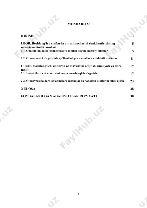 nazariy tushunchalarni, balki amaliy mashg‘ulotlar orqali o‘quvchilarning kuzatuvchanligini, tafakkurini va ijodiy fikrlash qobiliyatini rivojlantirishi zarur. shu bois, ot mavzusini qanday metodlar bilan, qanday vositalardan foydalanib o‘rgatish masalasi dolzarb hisoblanadi. mazkur kurs ishida boshlang‘ich sinf o‘quvchilariga ot mavzusini o‘rgatish jarayonidagi nazariy va amaliy asoslar, foydalaniladigan metodlar, dars ishlanmalari va baholash mezonlari tahlil qilinadi. mavzuga oid ilg‘or tajribalar hamda interfaol metodlar asosida darsni tashkil etish bo‘yicha tavsiyalar beriladi. kurs ishining maqsadi boshlang‘ich sinflarda “ot” mavzusini o‘qitishning metodik asoslarini o‘rganish va samarali dars tashkil qilish yo‘llarini aniqlash. kurs ishining vazifalari · ona tili fanida ot mavzusining o‘rni va mazmunini tahlil qilish · boshlang‘ich sinf o‘quvchilarining yosh xususiyatlariga mos metodlarni aniqlash · amaliy dars ishlanmalari asosida darsni tahlil qilish · innovatsion va interfaol metodlardan foydalanish yo‘llarini ko‘rsatish · dars samaradorligini oshirishga xizmat qiluvchi tavsiyalar ishlab chiqish mazkur kurs ishida keltirilgan metodik tavsiyalar va dars namunalaridan boshlang‘ich sinf o‘qituvchilari o‘z amaliy faoliyatida foydalanishlari mumkin. bu …