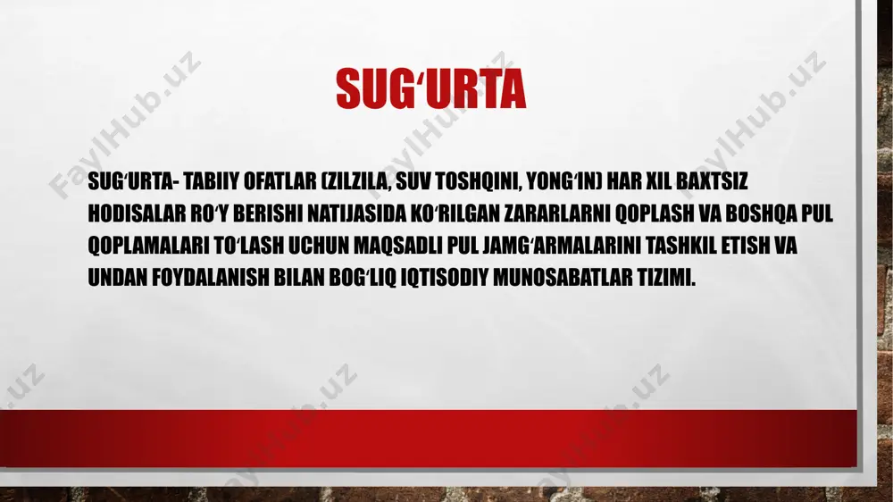 an boshqa ashyoviy huquqlar, ijarachi ,pudratchi, saqlovchi, vositachi foydasiga sugʻurtalanishi mumkin. sugʻurtalangan mol mulk asralishidan taraflarda manfaat boʻlmagan paytda mol mulk sugʻurtasi haqiqiy emas hisoblanadi. zarar yetkazilganlik uchun javobgarlikni sugʻurta qilish boshqa shaxslarning hayoti, sogʻligi, mol-mulkiga zarar yetkazilishi oqibatida yuzaga keladigan majburiyatlar yuzasidan javobgarlik xavfini sugʻurta qilish shartnomasi boʻyicha sugʻurtalash mumkin. zarar yetkazilganlik uchun javobgarlik xavfi sugʻurtalangan shaxs sugʻurta shartnomasida koʻrsatilishi lozim. agar ushbu shaxs koʻrsatilmagan boʻlsa sugʻurta qildiruvchining oʻzining javobgarligi xavfi sugʻurtalangan hisoblanadi. shaxsning sugʻurta shartnomasi ushbu shartnoma boʻyicha sugʻurtalovchi sugʻurta qildiruvchi toʻlaydigan shartnomada shartlashilgan haq(sugʻurta mukofoti) evaziga oʻzini yoxud boshqa shaxsning hayoti va sogʻligiga yetkazilgan zarar. u muayyan yoshga toʻlgan yoxud sugʻurta hodisasi roʻy bergan hollarda sugʻurta pulini bir yoʻla yoxud vaqti vaqti bilan talab turish majburiyatini oladi. sugʻurtalangan deb hisoblanmaydigan shaxs foydasiga faqat sugʻurtalangan shaxsning yozma roziligi bilan shaxsning sugʻurta shartnomasi tuzilishi mumkin majburiy sugʻurta qonunda quyidagilarni sugʻurta qilish majburiyatini belgilash mumkin: boshqa shaxslarning hayoti sogʻligi yoki …