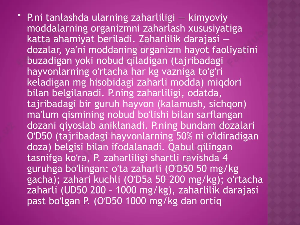 anganligi, koʻchat qalinligi, ishlov berish muddatlari, kuzning kelishi, xullas, barcha shartsharoitlar hisobga olingan holda aniq belgilanishi ke-rak. bunda har bir gʻoʻza paykali uchun alohida-alohida normalar va muddatlar belgilanadi. d.da preparat tekkan barglargina toʻkiladi, shu sababli gʻoʻzaning hamma barglari bir meʼyorda hoʻllanishiga erishish zarur. gʻoʻzani d. qilishda kalsiy xlorat-xlorid, magniy xlorat (6–10 kg/ga), "sihat" (natriy xlorat asosida; 13–16 kg/ga), dropp (0,3—0,7 kg/ga), dropp ultra (0,6—0,8 l/ga) va b. preparatlar qoʻllaniladi. sutkalik oʻrtacha harorat 17— 20° da preparatlar yaxshi taʼsir koʻrsatadi. havo harorati 17° dan past boʻlganda defoliantlar miqdori 15 — 20% oshiriladi. shudring defoliantlar taʼsirini oshiradi, yomgʻir esa, aksincha, uni kamaytiradi. d. qilishda traktorga osiladigan purkagichlardan keng foydalaniladi. ish suyukligi sarfi traktor purkagichlarda 300—400 l/ga. gʻoʻzani oʻz vaqtida d. va desikatsiya qilish paxta hosilini mashinalar yordamida terib olish uchun sharoit yaratadi, hosilning asosiy qismi (90% dan koʻprogʻi)ni sovuq tushgunga qadar terib olishga imkon beradi. d.dan soʻng paxta terish mashinalarining ish unumdorligi …