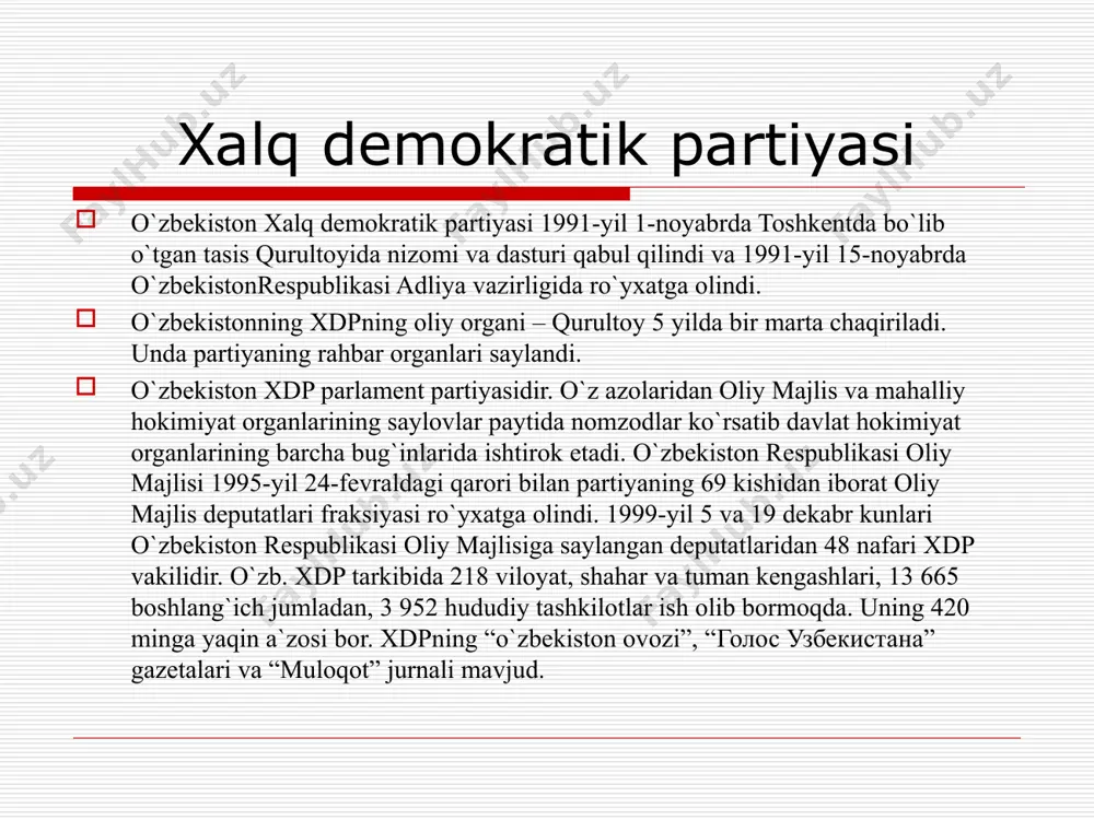 ya vazirligi tomonidan 1992-yil 10-iyulda ro’yxatga olingan. partiya o’zining a’zolarini oliy majlisga,mahalliy hokimiyat organlariga saylovlar vaqtida nomzod etib ko’rsatdi va davlat hokimiyati organlarining faoliyatida ishtirok etdi. 1995-yil 24-fevralda bo’lib o’tgan o’zbekiston respublikasi oliy majlisining birinchi sessiyasida partiyaning 14 kishidan iborat oliy majlis deputatlari fraksiyasi ro’yxatga olindi. 2000-yil 14-aprelda “vatan taraqqiyoti” partiyasi va “fidokorlar” milliy demokratik partiyasining qo’shma qurultoyi bo’ldi.unda har ikki partiya harakati,faoliyat dasturi yakdilligi muhokama qilindi va ular birlashib ishlash maqsadga muvofiq degan xulosaga keldilar.partiyalar birlashib,vatan taraqqiyoti yo’lida xizmat qilishga qaror qilindi.birlashgan partiyaning nomi “fidokorlar” milliy demokratik partiyasi deb ataldi.partiyalar oliy majlisdagi fraksiyalarini ham birlashtirdilar.natijada fmdpning oliy majlisdagi fraksiyasi a’zolari soni 54 taga yetdi.partiyaning “fidokor”nomli ijtimoiy-siyosiy gazetasi mavjud. * o’zbekiston “fidokorlar” milliy demokratik partiyasi haqida ushbu partiya 1998-yil 28- dekabrda bo’lib o’tgan i ta’sis qurultoyda tuzilgan.qurultoyda uning nizomi va dasturi qabul qilinib,adliya vazirligi tomonidan 1999-yil 4-yanvarda ro’yxatga olingan. 1999-yil 5- va 19-dekabr kunlari o’zbekiston respublikasi oliy majlisiga saylangan deputatlardan …