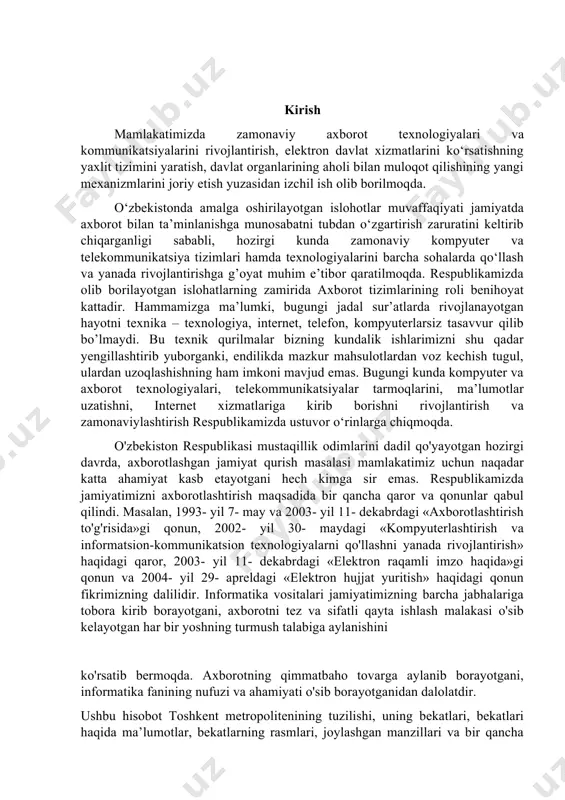 a aylanib borayotgani, informatika fanining nufuzi va ahamiyati o'sib borayotganidan dalolatdir. ushbu hisobot toshkent metropolitenining tuzilishi, uning bekatlari, bekatlari haqida ma’lumotlar, bekatlarning rasmlari, joylashgan manzillari va bir qancha funksionalliklarga egadir. insonlarning qaysi metrodan keyin qaysiga chiqishi, metro qayerda joylashganligi kabi bir qancha savollariga ushbu dastur javob bera oladi. loyiha kotlin tilida android ilova shaklida yaratilgan. to'plangan turli xil manbalar va vositalardan foydalanib, biz tizimdagi mavjud muammolarni hal qiluvchi ba'zi xususiyatlardan foydalangan bir qancha funksiyalarga ega dasturni yaratdim. i bob. jamoat transport vositalari harakatida axborot tizimlarining o’rni va ahamiyati 1.1 elektron ma’lumotlarning bugungi kundagi ahamiyati bugungi kunda informatsion texnologiyalarga juda katta ahamiyat berilmoqda. deyarli har bir sohada ushbu yangi texnologiyalar qo’llanilmoqda. bundan ko’rib turibdiki, internet orqali ishlash imkoni yaratuvchi har bir yangilik foydalanuvchilar tomonidan juda katta qiziqish bilan kutib olinmoqda. biz o‘zimizga shuni aniq tasavvur etishimiz kerakki, barcha sohalariga, kundalik hayotimizga zamonaviy axborotkommunikatsiya tizimlarini keng joriy etish bo‘yicha ijobiy ma’nodagi portlash …