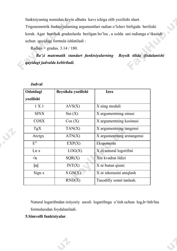 qismidan belgilar qirqib oladi. bu erda matnli satr – ixtiyoriy satr; m – matnli satrning qirqib olinishi kerak bo’lgan qismining birinchi harfi o’rni ; n - qirqib olinishi kerak bo’lgan belgilar soni. masalan, mid$ (“institut”, 4,3) ning natijasi tit dir. 6.arifmetik ifodalar. arifmetik ifodalarni beysikda yozish uchun beshta arifmetik amal begilaridan foydalaniladi. bo’lar quyidagilar: + (qo’shish), * (ko’paytirish), / (bo’lish) va ^ (darajaga ko’tarish). arifmetik ifodalar bir satrda xech qanday qo’shimcha satr usti va osti belgilarisiz yoziladi. misol: √a+ v ni yozilishi sqr(a+v) ko’rinishda bo’ladi; 2x3 + ex ni yozilish 2*x^ 3 + exr (x) bo’ladi. beysik tilida arifmetik ifodalarni yozishda quyidagi qoidalarga rioya qilish kerak: 1) arifmetik ifodalarni bajarayotganda ularning bajarilishi tartibi. · kavs ichiga olingan ifodalar · standart funktsiyalar · darajaga ko’tarish amali · ko’paytirish va bo’lishi amallari · qo’shish va ayirish amallari 2) bajarilish tartibida bir o’rnida turgan amallar (masalan ko’paytirish va bo’lish yoki qo’shish va ayirish …