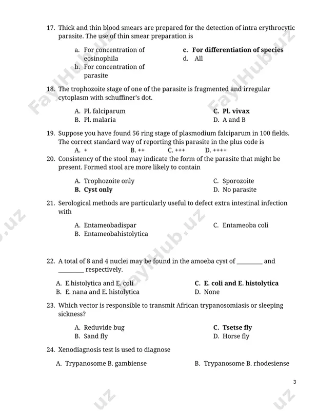 hartmani d. e. dispar e. e. coli 44. 45. a large kidney shaped is characteristics of a. b. giardia lambelia c. clomastixmenselli d. blalartidium coli e. isospora belli 46. in the lab diagnosis of ameobiasis, the most confusing spps. of ameobic with pathogenic one is? a. b. e. coli c. e. nana d. e. gingivalis e. e. dispar 47. 48. the largest intestinal round worm is a. b. e. vermicularis c. ascarislumbricoides d. trichuristrichuria 49. 50. a barrel shaped parasite which has plug at both ends is a. b. ascarislumbricoides c. whip worm d. pin worm e. none 51. 52. a parasite which has thick wall, colorless, and flatend at one side is a. b. ascarislumbricoides c. whip worm d. pin worm 53. 54. which of the following parasite do not cause heart- lung migration? a. b. strongyloidesstercoralis c. ascarislumbricoides d. hook worm e. e. vermicularis 55. it is known …