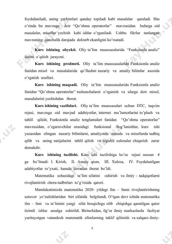 oshirish zaruratini ko’rsatmoqda. jumladan, birinchida, matematika ta’limotining ta’lim olish bosqichlari o’rtasidagi uzviylik to’liq ta’minlanmagan; ikkinchidan, umumta’lim maktablarida matematika darsliklari o’quvchilarning yoshiga nisbatan fanni o’zlashtirish qiyinlashtiruvchi murakkab masalalardan iborat va boshqa fanlarda o’tiladigan mavzular bilan uyg’unlashtirilmagan; uchinchidan, matematikaga qiziquvchan, xalqaro olimpiadalar g’oliblari bo’lgan aksariyat iqtidorli yoshlarimiz hududlardan bo’lishiga qaramasdan ularning kelgusi rivojlanishi uchun oliy ta’lim va ilm- fan sohasida zarur shart – sharoit yaratib berilmagan; to’rtinchidan, matematika sohasidagi ilmiy- tadqiqotning amaliyot va ishlab chiqarish bilan bog’liqligi zaifligicha saqlanib qolmoqda; beshinchidan, sohadagi olimlarning xorijiy ilmiy va ta’lim muassasalari bilan aloqalari milliy matematikani jahon miqyosiga olib chiqish, xalqaro hamjamiyatda nufuzini oshirish uchun yetarli emas. ta’limning barcha bosqichlarida matematika fanini o’qitish tizimini yanada takomillashtirish, pedagoklarning samarali mehnatini qo’lla- quvvatlash, ilmiy- tadqiqot ishlarining ko’lamini kengaytirish va amaliy ahamiyatini oshirish, xalqaro hamjamiyat bilan aloqalarni mustahkamlash, shuningdek, 2017- 2021- yillarda o’zbekiston respublikasini rivojlantirishning beshta ustuvor yo’nalishi bo’yicha xarakatlar strategiyasini “ ilm, ma’rifat va raqamli iqtisodiyotni rivojlantirish yili …
