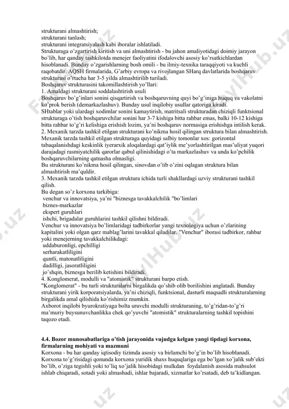 a qaror qabul qilishda yordam berishdan iborat. bunday shtablarga ehtiyojning paydo bo’lishiga asosiy sabab - bu tashkilotlardagi funktsiyalarning murakkablashuvidir. bu erda mehnat taqsimoti ikki turdagi maqsad va vazifalar bilan belgilanadi. chiziqli rahbarlar korxonaning bosh maqsadiga erishish yo’lidagi birlamchi vazifalarning bajarilishiga javobgar bo’lsalar, shtabdagilar esa birlamchi vazifalarga tobe bo’lgan ikkilamchi vazifalarning bajarilishiga javobgardirlar. ular maslahat berish funktsiyasini bajaradilar. chiziqli rahbarlarning asosiy vazifasi taklif etilgan ijobiy va salbiy maslahatlar ichidan maqsadga muvofig’ini aniqlash va uni uzil-kesil qabul qilishdan iborat. shtablarning tashkil qilinishi va bunday yordamchilarga ega bo’lgani uchun korxona faoliyatini boshqarish bir tomondan engillashadi, boshqa tomondan esa berilgan maslahatlar qarama-qarshi bo’lganligi sababli murakkablashadi. shunday hollarda har ikkala tomon o’zinikini ma’qullashga, o’z obro’larini saqlashga harakat qiladi. natijada o’rtada nizo chiqadi. bu strukturaning afzalligi shundan iboratki, chiziqli rahbarlar o’z diqqatlarini ilmiy-tadqiqot ishlarga emas, balki asosan, korxonaning joriy faoliyatiga qaratadilar. kamchiligi esa boshqaruv tizimida ortiqcha bo’g’inlarning paydo bo’lishi, boshqarish tezkorligining susayishi, boshqarish harajatlarining o’sishidadir. chiziqli-shtabli …