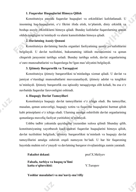 va erkinliklari kafolatlanadi. u insonning haq-huquqlarini, o‘z fikrini ifoda etish, to‘planish, diniy erkinlik va boshqa asosiy erkinliklarni himoya qiladi. bunday kafolatlar fuqarolarning qonun oldida tengligini ta’minlaydi va ularni kamsitishdan himoya qiladi. 2. davlatning asosiy qonuni konstitutsiya davlatning barcha organlari faoliyatining asosiy yo‘nalishlarini belgilaydi. u davlat tuzilishini, hukumatning ishlash mexanizmini va qonun chiqarish jarayonini tartibga soladi. bunday tartibga solish, davlat organlarining o‘zaro munosabatlarini va fuqarolarga bo‘lgan mas’uliyatini belgilaydi. 3. ijtimoiy barqarorlik va taraqqiyot konstitutsiya ijtimoiy barqarorlikni ta’minlashga xizmat qiladi. u davlat va jamiyat o‘rtasidagi munosabatlarni muvozanatlaydi, ijtimoiy adolat va tenglikni ta’minlaydi. ijtimoiy barqarorlik esa iqtisodiy taraqqiyotga olib keladi, bu esa o‘z navbatida fuqarolar farovonligini oshiradi. 4. huquqiy davlat tamoyillari konstitutsiya huquqiy davlat tamoyillarini o‘z ichiga oladi. bu tamoyillar, masalan, qonun ustuvorligi, huquqiy xotira va fuqarolar huquqlarini hurmat qilish kabi prinsiplarni o‘z ichiga oladi. ularning amalga oshirilishi davlat organlarining qonunlarga muvofiq faoliyat yuritishini ta’minlaydi. ushbu tadbir yakunida quyidagilar yuzasidan xulosa qilindi shunday …