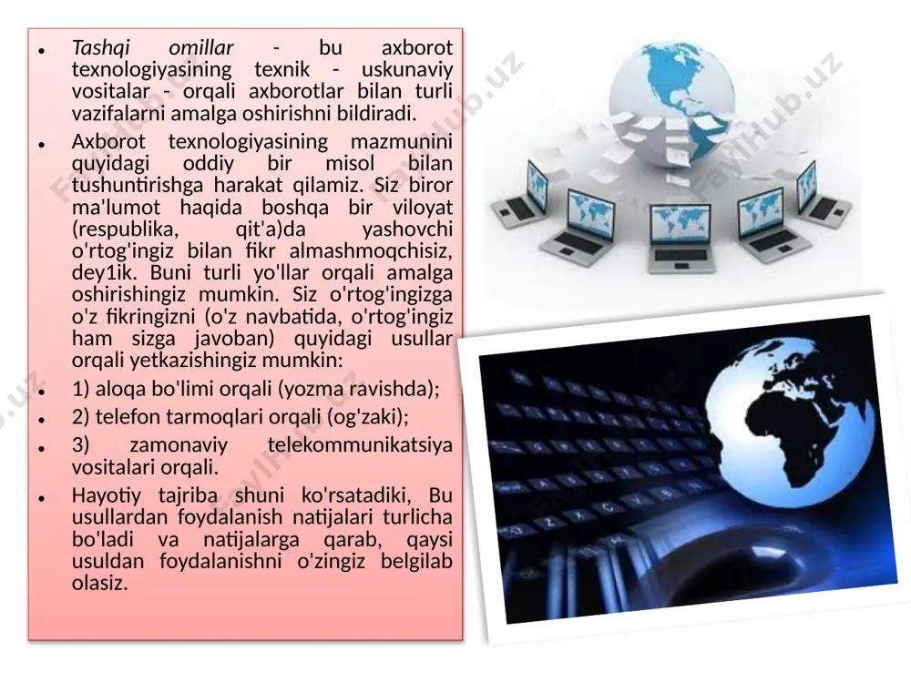 n uni аmalga oshirish uchun ketadigan mablag'larni chamalab ko'rishingiz lozim, aks holda uni amalga oshira o1mas1igingiz mumkin. albatta, yuqorida ko'rsatilgan usullardan foydalanish uzatilayotgan axborot mazmuni vа mohiyatiga bog'liq. pirovardida, o'zingiz uchun iqtisodiy jihatdan eng arzon (hech bo'lmaganda arzonrog'i) vа sifati yuqori bo'lgan usulni belgilab olasiz. axborotni uzatish usullariga kelsak, 1- vа 2-bandda ko'rsatilgan usullar bilan yoshligingizdayoq tanishib olgansiz vа undan foydalanishni yaxshi bilasiz. zamonayiy telekommunikatsiya vositalaridan foydalanish esa ular bilan muloqot ko'nikma vа malakalariga bog'liq. shuning uchun dastlab zamonaviy telekommunikatsiya vositalarining o'zi nimaligini bilib olishingiz kerak. zamonaviy telekommunikatsiya vositalari imkoniyatlari juda keng tizim bo'lib, unga informatika vа hisoblash texnikasi asoslari fanidan ma'lum bo'lgan kompyuter, multimedia vositalari, kompyuter tarmoqlari, internet, intranet kabi tushunchalardan tashqari qator yangi tushunchalar ham kiradi. bularga axborot tizimlari, axborot tizimlarini boshqarish, axborotlarni uzatish tizimlari, ma'lumotlar ombori, ma'lumotlar omborini boshqarish tizimi, bilimlar ombori kabilar kiradi xx asrning 90-yillaridan boshlab axborotlashtirish sohasi keskin rivojlanib ketdi. bizning asrimiz, ya'ni ххi …