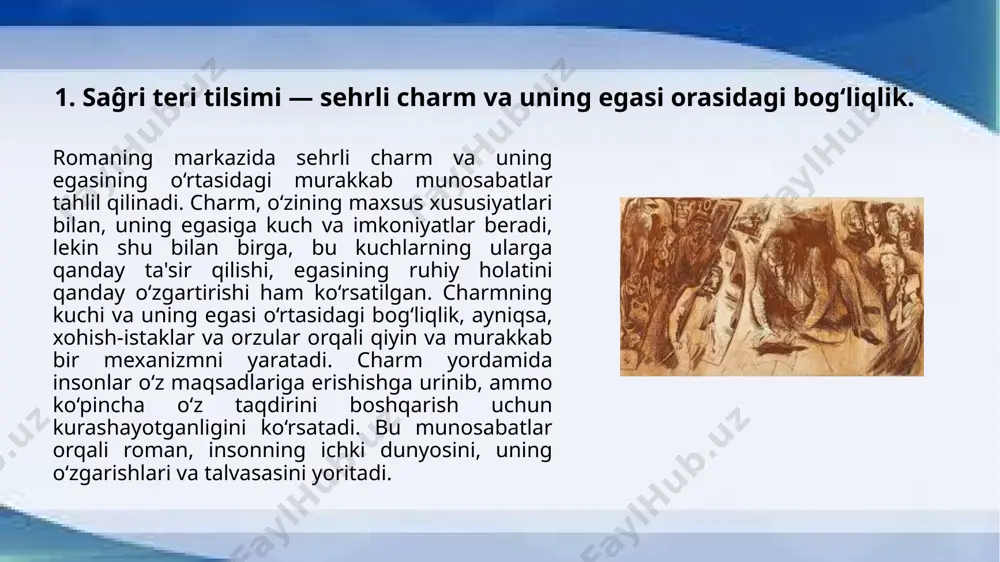 lgan. rafaelning orzulari uning ichki bo‘shliqlarini to‘ldirish va hayotdagi barcha nohaqliklardan qutulish istagini anglatadi. ammo charmni olish orzusi, uning nafaqat ichki ruhiy dunyosini, balki uning tashqi munosabatlarini ham o‘zgartiradi. charmni qo‘lga kiritish yo‘lida, rafael o‘zining axloqiy qadriyatlari va o‘ziga bo‘lgan ishonchini yo‘qotadi. fojia, uning eng katta orzusiga erishish uchun barcha narsalarni qurbon qilishida yotadi. natijada, charm unga vaqtincha qudratni bergan bo‘lsa-da, u eng muhim narsasini — o‘zligini va baxtini yo‘qotadi. roman, inson orzularining orqasida yotgan haqiqatni va orzularni amalga oshirishning fojiali oqibatlarini ochib beradi. rafael, hayotida muvaffaqiyat va baxtga erishish uchun juda katta orzulari bor. u, o‘zining jismoniy va ruhiy qiyinchiliklaridan qutulish uchun sehrli charmga ega bo‘lishni xohlaydi. charmning unga beradigan qudratlari, bir vaqtning o‘zida uning barcha orzularini amalga oshirish uchun zarur deb o‘ylaydi. biroq, charmga erishish uchun, u o‘zining shaxsiy qadriyatlarini, sevgi va do‘stlikni fido qilishga tayyor bo‘ladi. rafaelning bu yo‘ldagi harakatlari unga vaqtincha muvaffaqiyat keltirgan bo‘lsa-da, u o‘zining …