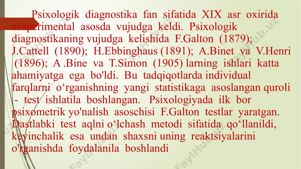 o‘zgarishlarni aniqlash. 4.shaxs xususiyatlari rivojlanish dinamikasi va qonunlarini tahlil qilish asosida uning rivojlanish perspektivasini aniqlash. 5.tekshirilgan kishilar yoki guruhni kelgusida rivojlanishda erishilgan natijalami hisobga olgan holda differensial tarzda ish olib borish uchun kategoriyalarga ajratish. 6.1ndivid yoki guruhning (u yoki bu ishni bajarish, masalan, o‘z xizmat vazifalarini bajarishga) kasbiy tayyorgarligini, layoqat- liligini aniqlash. 7.1ndivid yoki guruh psixologiyasi va xulq-atvorini psixokorreksion ishlarni olib borish maqsadida o‘matilgan tibbiy, ijtimoiy normalarga mos yoki mos emasligini aniqlash. 8. individ yoki guruhga hayotiy yo'lini (kasb,umr yo‘ldoshi) tanlash maqsadida tavsiyalar ishlab chiqish. psixologik maslahat bеrish amaliyotida normal taraqqiyot korrеksiyasi nonormal taraqqiyot korrеksiyasidan farqlanadi. normal taraqqiyotda tuzatishning mazmuniga ko`ra quyidagi turlari ajratiladi: aqliy taraqqiyot korrеksiyasi, shaxs taraqqiyoti korrеksiyasi, salbiy holatlarning oldini olish korrеksiyasidir. psixolog ishida korrеksion vazifalarni yеchish maqsadida psixologik yordamni tashkil etishga bog`liq ravishda uning turini ko`rsatish mumkin: madaniy oqartuv ishlari, maslahat-tavsiyalar bеrish, individual va guruhiy korrеksiya. madaniy oqartuv ishlari − ota-onalar, tarbiyachilar, o`qituvchilarga mo`ljallangan bo`ladi. bunda …