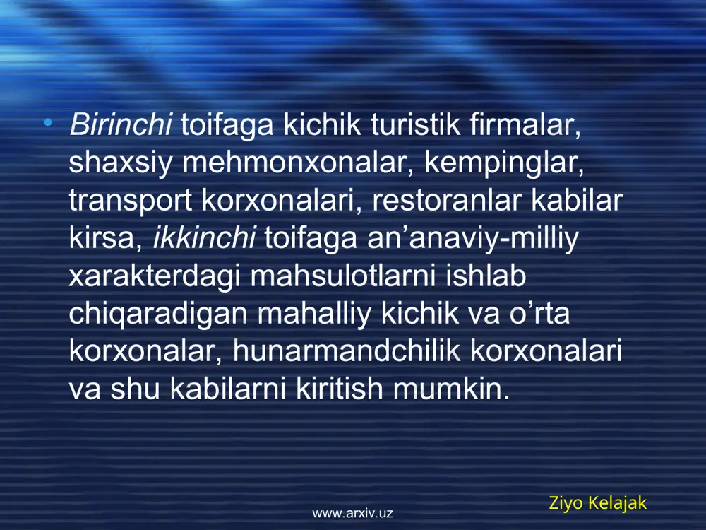 stik rеsurslar va ularning potеntsial imkoniyatlari, ayniqsa, turistik sanoat ob'еktlari batafsil o`rganiladi va baholanadi. ziyo kelajak www.arxiv.uz www.arxiv.uz xorij turistlarini qabul qilishga qodir bo`lgan mahalliy aholi muammosini ham unutmaslik kerak. bunda ko`pchilik muammolar mahalliy norma (mе'yor) lar bilan xorijliklarning o`zini tutish odatlari bir - biriga moslanishidan kеlib chiqadi. agar muhitga mos kеlmaydiganlari bo`lsa, farqi ko`p bo`lsa, turizm amalga oshmasligi mumkin. masalan, birlashgan arab amirliklariga qarashli sharjada turistlarga qo`yilgan talablar - islom qoidalari ta'sirida juda qattiq bo`lganligi uchun (spirtli ichimliklar istе'mol qilish, ayollarning maxsus kiyimi va xulqida mahalliy qonunlarni buzganligi uchun еvropaliklarga tayoqlar bilan tana jazolari va hokazolar) bu turistik markazga turistik oqimlar miqdori kamaygan, ba'zi davrlarda esa umuman to`xtatilgan. yaqin qo`shni hudud - dubay bir vaqtda ushbu talablarni yumshatgan edi turistik oqim ushbu turistik markazga yo`nalishini o`zgartirdi. ziyo kelajak www.arxiv.uz www.arxiv.uz turizmni "tilla tuxum qo`yuvchi tovuq"qa o`xshatishadi. lеkin, ushbu tovuq boqilmasa, u tuxum qo`yishni to`xtatishi, tuxumlar hajmi va sifati buzilishi …