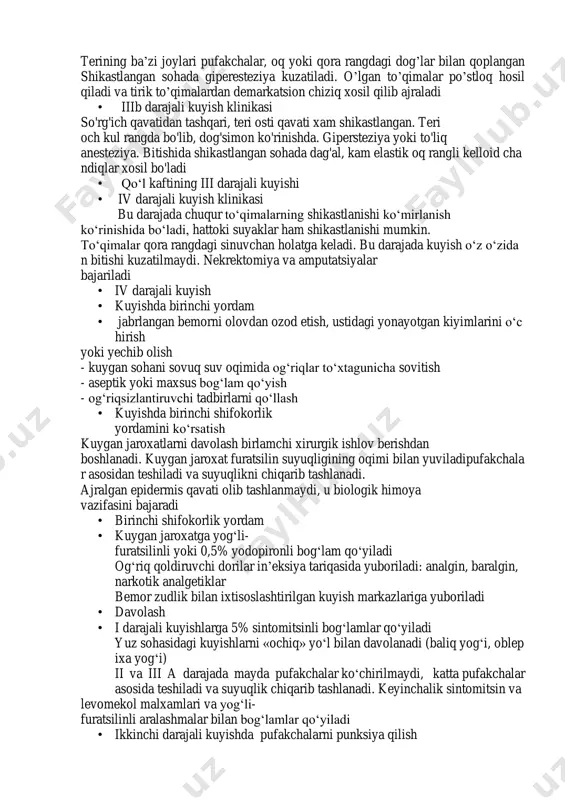 ik yigʼilishi hisobiga epidermis koʼchishi kuzatiladi. ikkinchi darajali kuyishga xos pufakchalar paydo boʼladi • oyoq panjasining ii darajali kuyishi • qo’l panjasining ii darajali kuyishi • iiia darajali kuyish klinikasi kuyish baʼzi joylarda faqatgina yuz qismlarini, baʼzi joylarda esa terining butun qavatigacha borib, soʼrgʼichsimon qavat nekrozini keltirib chiqaradi. terining baʼzi joylari pufakchalar, oq yoki qora rangdagi dogʼlar bilan qoplangan shikastlangan sohada giperesteziya kuzatiladi. oʼlgan toʼqimalar po’stloq hosil qiladi va tirik toʼqimalardan demarkatsion chiziq xosil qilib ajraladi • iiib darajali kuyish klinikasi so'rg'ich qavatidan tashqari, teri osti qavati xam shikastlangan. teri och kul rangda bo'lib, dog'simon ko'rinishda. gipersteziya yoki to'liq anesteziya. bitishida shikastlangan sohada dag'al, kam elastik oq rangli kelloid cha ndiqlar xosil bo'ladi • qo‘l kaftining iii darajali kuyishi • iv darajali kuyish klinikasi bu darajada chuqur to‘qimalarning shikastlanishi ko‘mirlanish ko‘rinishida bo‘ladi, hattoki suyaklar ham shikastlanishi mumkin. to‘qimalar qora rangdagi sinuvchan holatga keladi. bu darajada kuyish o‘z o‘zida n bitishi …