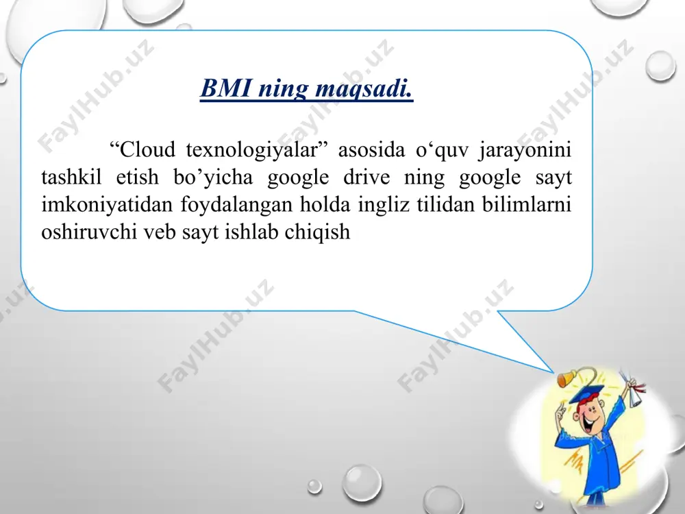 bosqichlaridan foydalanish 3.2. “cloud texnologiyalar” asosida o‘quv jarayonini tashkil etish bosqichlarini ishlab chiqish mavzusida dars ishlanmasi ishlab chiqish “cloud texnologiyalar” asosida ishlab chiqilgan o‘quv jarayonini tashkil etish bosqichlaridan foydalanish google drive da ishlab chiqilgan ingliz tilini o’rgatuvchi onlayn platforma google drive da ishlab chiqilgan ingliz tilini o’rgatuvchi onlayn platformani boshqa saytlar bilan bog’liqligi iv bob. hayot faoliyati xavfsizligi. ekologiya 4.1. mikroiqlim ko’rsatkichlari 4.2. yong‘in paytida odamlarni evakuatsiya qilish 4.3. samarqand viloyatining asosiy ekologik muammolari bitiruv malakaviy ishi davomida erishilgan yutuqlar xulosa xulosa qilib shuni ta’kidlab o‘tishimiz mumkinki bugungi kunda bulutli texnologiyalarning ta’lim jarayonidagi ahamiyati juda katta, iqtisodiy jihatdan ham anchagina tejamkor hisoblanadi. ushbu bitiruv malakaviy ishda ham biz bulutli texnologiyalar asosida dars jarayonini tashkil etish bo’yicha veb sayt ishlab chiqdik ushbu veb sayt o’quvchilar uchun ingliz tilini o’rganishga o’z hissasini qo’shadi degan umiddamiz. bitiruv malakaviy ishni bajarish jarayonida quydagi xulosalarga kelindi: cloud texnologiyalar va uning imkoniyatlari tahlil qilindi; cloud texnologiyalarni …