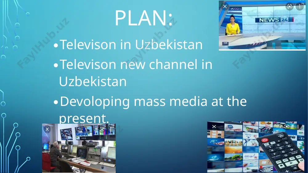 : 'madaniyat va maʼrifat' ('culture and enlightenment') and 'dunyo boʻylab' ('around the world').[2] by the end of the year, four new channels were launched using frequencies of private television channels which were prohibited by the uzbek authorities.in january 2013, the organisation's website was hacked by someone who was going with the handle @clonesecurity.[3] the attack was said to have been launched for political reasons.[4]" https://en.wikipedia.org/wiki/national_television_and_radio_company_of_uzbekistan#:~:text=the%20national%20television,political%20reasons.%5b4%5d developing mass media at the present uzbekistanis have become increasingly attracted to domestically produced television over the past year, according to recent studies.based on a survey conducted by the press and information agency of uzbekistan (piau), only 5% of uzbekistanis do not watch uzbekistani-made television.the entire country now has access to digital television, up from 95% last year, according to uzbekistan's ministry for development of information technologies and communications (mitc).the goal is to completely switch from analog broadcasting to digital by december 5 this year …