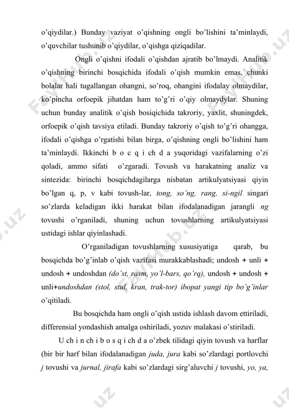 qiganda, asosiy orfoepik normani saqlash, oddiy holatlarda pauza qilish, logik urg’uni qo’ya bilish, oddiy ohangga rioya qilish; 8) o’qilgan matnning mazmunini tushunish, matn yuzasidan berilgan savollarga javob berish, soddalashtirib qayta hikoyalash. adabiyotlar: 1.abdullayev y. eski maktabda xat-savod o’rgatish.- toshkent,1960. 2.abdullayeva q. birinchi sinfda nutq o’stirish. - toshkent, "o’qituvchi", 1980. 3.abdullayeva q. savod o’rgatish. toshkent, 1983. 4.abdullayeva q., rahmonova s. ona tili darslari (usuliy qo’llanma). toshkent, 1999. 5.azizova a. g. uchinchi sinfda ona tili darslari. toshkent, 1982. 6.azizova a.g., ikromova r. to’rtinchi sinfda ona tili darslari. toshkent, "o’qituvchi", 1984. 7.ashrapova t., odilova m. boshlang’ich sinflarda ona tili o’qitish metodikasi. toshkent, 1984. 8.ashrapova t., hotamov n. uchinchi sinfda o’qitish darslari. toshkent, 1983.