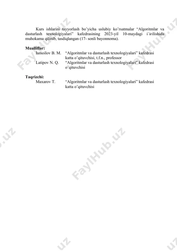 berishi kerak emas, balki materialga ijodiy ishlov berishi ko’zda tutiladi. kurs ishi o'z ichiga tanlangan mavzu bo'yicha muammolarni talaba tomonidan mustaqil o'rganilishini nazarda tutadi, ya’ni kichik o’quv-ilmiy tadqiqot bo’lgani uchun mazmun va shakliga ko’ra ilmiy ish matni standartlariga mos bo’lishi kerak. kurs ishining maqsadi o‘rganilayotgan fan bo‘yicha kafedra yoki yetakchi o‘qituvchi tomonidan talaba tomonidan belgilab berilgan ish mavzusi bo‘yicha topshirilgan masalani yechishdan iborat. berilgan masalaning yechimi sifatida o’zaro bog’liq bo’lgan matnli, dasturiy hamda grafik materiallar ko’riladi. ishning matnli qismida talaba masala yechimi bosqichlarini turli yo‘llar: so’zlar, jadvallar yoki grafika (diagrammalar va chizmalar) yordamida ta’riflash orqali izchil va mantiqiy bayon qilishi va yechim usullarini asoslab berishi kerak bo’ladi. kurs ishining vazifasi sifatida quyidagilar ko’riladi: · o'quv jarayonida talaba tomonidan olingan bilimlarni mustahkamlash, chuqurlashtirish, umumlashtirish va tizimlashtirish; · ilmiy tadqiqot usullaridan foydalana olish; · amaliy ko'nikmalarga ega bo’lish va berilgan ilmiy yoki ilmiy-texnikaviy masalani hal qilishda ijodiy yondashuvni rivojlantirish; · nazariy tavsiyalarni, …