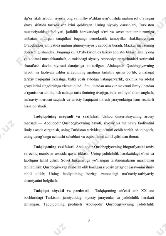 i qayta baholanishi yo‘lga qo‘yildi. shu yo‘nalishda o‘zbekiston respublikasi fanlar akademiyasi tarix instituti, toshkent davlat pedagogika universiteti va boshqa ilmiy muassasalarda olib borilgan ayrim izlanishlar natijasida, uning jadidchilik harakatidagi o‘rni, turkiston muxtoriyatidagi faoliyati, "sho‘ro-i islomiya" va "yosh turkiston" kabi tashkilotlardagi ishtiroki haqida qisqa ma’lumotlar ilmiy maqolalar va konferensiya materiallarida bayon etilgan. biroq ushbu manbalar, asosan, umumiy xarakterga ega bo‘lib, shaxsga oid chuqur bio-bibliografik yoki monografik tadqiqotlar yetarli darajada shakllanmagan. shuningdek, o‘zbekiston milliy arxivi, "o‘zbek milliy ensiklopediyasi"da keltirilgan ma’lumotlar, ayrim tarixiy hujjatli filmlar va xotira maqolalari qushbegiyev faoliyatini yoritishda muhim manba bo‘lib xizmat qilmoqda. biroq bu materiallar ko‘proq umumlashtiruvchi va kontekstual xarakterga ega bo‘lib, uning hayoti, siyosiy qarashlari va ijtimoiy-ijtihodiy faoliyatini to‘liq o‘rganishga xizmat qiladigan tizimli tadqiqotlar hali yetarli emas. abduqodir qushbegiyev shaxsiyati va uning jamiyatdagi o‘rnini o‘rganish masalasi, afsuski, uzoq yillar davomida ilmiy tahlillardan chetda qolib kelgan. bu, avvalo, uning sovet tuzumi davrida “millatchi”, “burjua unsuri”, “sinfiy dushmani” sifatida qatag‘on …