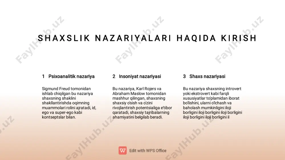 o kuklasi eksperimentida ko'rsatilganidek. i n s o n i y a t g a y o ' n a lt i r i l g a n q a r a s h l a r 1 2 3 karl rojersning shaxs- markazli terapiyasi masloving ehtiyojlar ierarxiyasi mavjudiyat nazariyasi va o'zini aniqlash bu qarashning asosiy qismi, terapevt-mijoz munosabatida empatiya, shartnoma qilinmagan musbat mulohaza va samimiylikning ahamiyatini belgilashdir. maslowning nazariyasi besh darajali odam muammosini aniqlaydi, boshqa fiziologik ehtiyojlaridan o'z-o'zini rivojlantirishga qadar. bu shaxsiy o'sish va rivojlanishni yo'ldoshlik qilishi mumkin. bu qarashning asosiy maqsadi odamning hayotda maqsad va maqsad qidirishiga yo'naltirilgan, oftob o'zini tahlil qilish va mavjudlik ansorlariga qarshi kurash orqali amalga oshiriladi. s h a x s n a z a r i y a s i xususiyatlar nazariyasi tavsifi o'z ichiga olgan nazariya psixologiyasida shaxsning shakllanishini introvertlik yoki tajribaga ochiq bo'lish kabi doimiy xususiyatlar to'plami asosida tuzilganligini ko'rsatadi. büyük …