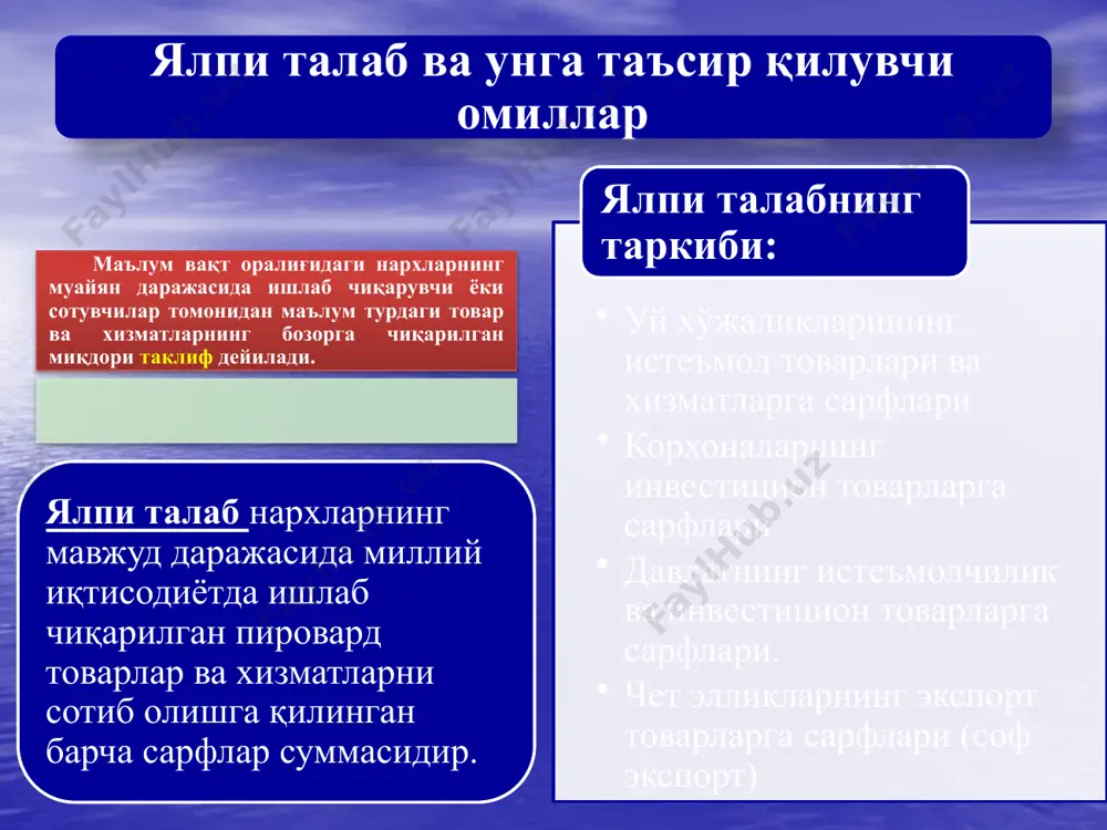 аси ҳам ўсади ва бу инвестицияларга талабни қискартиради. натижада ялпи талаб камаяди. c) ахоли жамғарган бойлик. (бойлик самараси). юқори нархлар аҳоли қўлида жамғарилган молиявий активлар (қўйилмалар, қимматли қоғозлар)нинг реал қийматини камайтиради ва бу истеъмолчилик сарфларининг қисқаришига олиб келади. d) ҳарид қилинган импорт товарлар самараси. миллий иқтисодиётда нархларнинг ўсиши (чет эллардаги нархларга нисбатан) импортнинг кўпайиши ва экспортнинг қисқаришига олиб келади. натижада ялпи талабда соф экспорт ҳажми қисқаради 5 ялпи талаб ва нарх даражаси ўртасидаги қарама-қарши боғлиқлик бошқа бир қатор ҳолатлар билан ҳам изоҳланиши мумкин: 6 нархларнинг умумий даражаси. пул таклифи ва уларнинг айланиш тезлиги аҳолининг истеъмолчилик сарфлардаги ўзгаришлар . бу ўзгаришлар яъни истеъмолчи ҳаридининг кўпайиши ёки камайиши қуйидагилар таъсирида рўй беради : а) истеъмолчи турмуш фаравонлигининг ўзгариши; б) истеъмолчилик товарлари нархи ва даромадлар даражаси ўзгаришининг кутилиши; в) истеъмолчи қарзлари даражаси; г) даромад ва мулк солиқлари даражаси (ставкаси)нинг ўзгариши ялпи талаб ҳажмига таъсир қилувчи омиллар 7 инвестицион сарфлардаги ўзгаришлар. бу ўзгаришлар куйидаги …