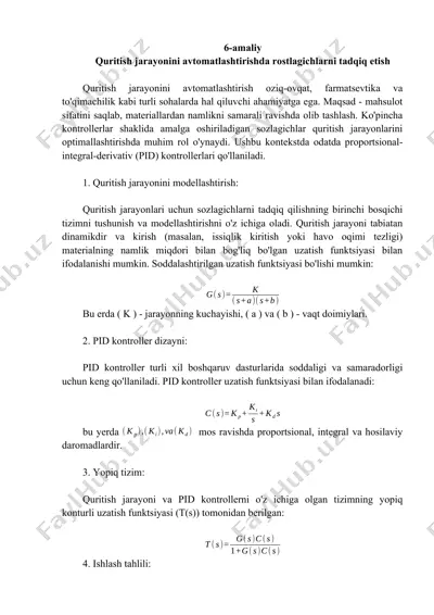 quritish jarayonini avtomatlashtirishda rostlagichlarni tadqiq etish — DOCX