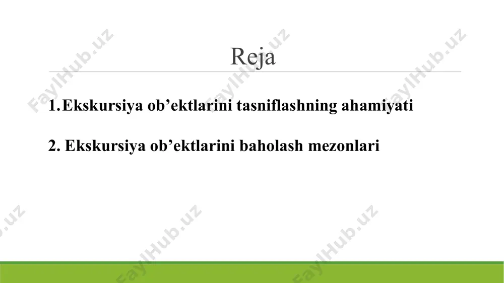 inishiga va mavzuni to‘liq yoritishga yordam beradi. imkon qadar har bir mavzuning o‘z ob’ekti bo‘lgani ma’qul. ob’ektlarni ko‘rsatish jarayonida ekskursiya mavzularida aytilmagan o‘ziga xos xususiyatlariga chuqurroq to‘xtalib o‘tiladi va ko‘rsatish, hikoya qilish jarayonida mavzudan kelib chiqib, har safar turli hajmdagi ma’lumotlardan foydalanish mumkin. shundagina bunday ob’ektlarni takroriy ko‘rish ekskursantlarda qiziqish yo‘qolmaydi. 5 ekskursiya xizmati metodikasi ob’ektlarni ko‘rsatishda ketma-ketlikni ta’minlashni talab qiladi. ob’ektlarni ko‘rsatishda gid harakatlarining ketma-ketligi taxminan quyidagicha bo‘ladi: aniqlash, gid ekskursantlarga qanaqa predmet (ob’ekt) ko‘rsatilishini aniqlaydi; tavsiflash, gid ob’ektning o‘ziga xos jihatlarini tavsiflaydi; yaratilish maqsadi, gid ob’ektning mazmun mohiyati haqida hikoya qiladi; ekskursiyali tahlil, taqqoslash, gid ob’ektning alohida qismlarini izohlab o‘tadi; ma’lumot berish, gid yodgorlik, me’moriy inshoot muallifi, qurilgan yili, sababini hikoya qiladi; tarixiy voqeani baholash, gid ob’ekt bilan bog‘liq voqea, hodisani hikoya qilib beradi, mohiyatini yoritadi. 6 ekskursiya xizmati amaliyotida ob’ektlarni baholashning aniq metodikasi ishlab chiqilgan. bu metodikani qo‘llash ayniqsa, marshrutda tuzilishi jihatidan o‘xshash ob’ektlar bo‘lganda foydalanib, ularning …