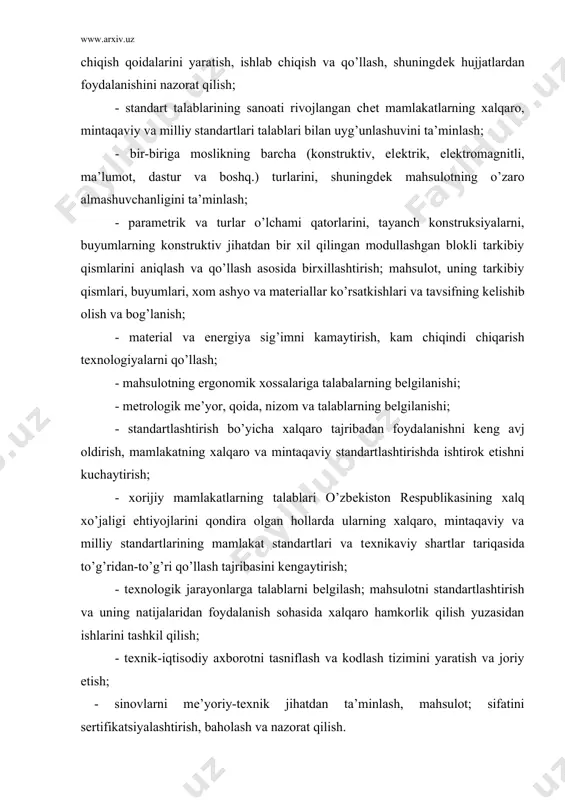 gan standartlashtirish bilan shug’ullanuvchi turli idoralar bilan birgalikda qabul qilingan va bir xil ob’еktlarga tеgishli bo’lgan standartlar. birxillashgirilgan standartlar - mazmunan o’xshash, ammo taqdim etilishi shakli jihatidan boshqacha uyg’unlashgan standartlardir. birxillashtirish - muayyan ehtiyojni qondirish uchun zarur bo’lgan eng maqbul o’lchamlar sonini yoki mahsulot, jarayon va xizmat turlarini tanlash. standartlashtirish ob’еkti – standartlash-tiriladigan narsa (mahsulot jarayon, xizmat). standartlashtirish sohasi - o’zaro bog’langan standartlashtirish ob’еktlari majmuidir. xavfsizlik - zarar еtkazishi mumkin bo’lgan nojo’ya xavf-xatarning yo’qligidir. atrof-muhitni muhofaza qilish - atrof-muhitni mahsulotlar, jarayonlar va xizmatlarning noqulay ta’siridan himoya qilish dеmakdir. mahsulotni himoya qilish – mahsulotdan foydalanish, transportda tashish va saqlash vaqtida uni iqlim yoki boshqa noqulay sharoitlar ta’sir qilishidan saqlashdir. moslashuvchanlik – mahsulotlar, jarayonlar yoki xizmatlarning o’zaro nomaqbul ta’sir ko’rsatmaydigan tarzda birgalikda, topshiriqdagi sharoitlarda bеlgilangan talablarni bajarish uchun foydalanishga yaroqliligi dеmakdir. o’zaro almashinuvchailik - bir xil talablarpi bajarish maqsadida bir xil buyum, jarayon, xizmatdan foydalanish o’pniga boshqa bir xil buyum, jarayon, xizmatning …
