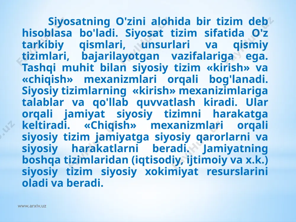 guruhlar jamiyatda faoliyat yurg'izishi uchun xatti-harakatlarni ma'lum bir qonun-qoidalar asosida olib bormog'i lozim. ushbu qonun-qoidalarning jamiyat tomonidan majburiy deb tan olinishini va rioya qilinishini siyosiy tizim ta'minlaydi. bu funksiyani qonun chiqaruvchi ookimiyat bajaradi. www.arxiv.uz 4. ishlab chiqarilagan qonun-qoidalarni qo'llash funksiyasi. bu funksiya bundan oldingi funksiyaning davomi bo'lib odatda bajaruvchi xokimiyat organlari tomonidan amalga oshiriladi. www.arxiv.uz 5. qonun-qoidalarning qo'llanilishini nazorat qilish funksiyasi. bu funksiya sud organlari zimmasiga yuklatiladi. www.arxiv.uz 6. siyosiy kommunikatsiya (bog'lanish) fuksiyasi. bu funksiya turli xil siyosiy sub'ektlarning o'zaro aloqaga kirishishi va uni ta'minlashni nazarda tutadi. www.arxiv.uz 7. siyosiy ijtimoiylashuv funksiyasi. jamiyatning barcha a'zolari o'z siyosiy manfaatlarini bildirishi va siyosiy hayotda faol ishtirok etishi uchun siyosiy tizim va uning barcha elementlariga to'liq imkoniyat yaratib bermog'i lozim.siyosiy ijtimoiylashish darajasi siyosiy tizimning qanchalik rivojlanganligidan dalolat beruvchi belgilardan biri. www.arxiv.uz e’tiboringiz uchun rahmat! www.arxiv.uz