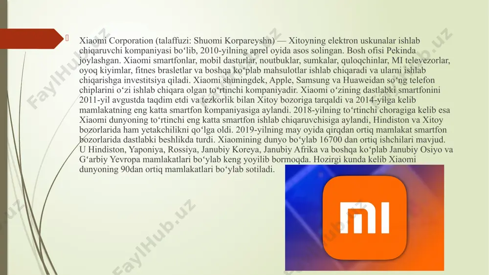 keng ommalashgan. smartfonlar, smart-home qurilmalari, elektronik qurilmalar, va boshqa texnologik mahsulotlar orqali xiaomi ko'plab mijozlarning ehtiyojlarini qondirib, shu jumladan, mobil telefon bozorida katta ishonch yaratgan. bu global pozitsiya xiaomi ni tizimli rivojlanayotgan yangi texnologiyalarga kirishga imkoniyat yaratadi va uning dunyodagi o'rni va maqsadi kengayadi. xiaomi kompaniyasining innovatsion texnologiyalari 1 innovatsion texnologiyalar - xiaomi kompaniyasi o'zining so'nggi innovatsion texnologiyalari orqali foydalanuvchilarga yangiliklar olib keladi va savdo sohasida rivojlanishiga yordam beradi. 2 ishlab chiqarish jarayoni - xiaomi kompaniyasi o'z mahsulotlarini ishlab chiqarish jarayonini avtomatlashtirgan va tezlashtirgan, bu esa mijozlarga yuqori sifatli mahsulotlar taqdim etishiga imkon beradi. 3 xaridorlarga xizmat - xiaomi kompaniyasi o'z xaridorlari uchun yuqori sifatli xizmatlarni taqdim etadi va ularning talablari va istaklariga qo'ng'iroq qiladi. xiaomi kompaniyasining bozor bo'yicha ustuvorligi xiaomi korxonasi bozor bo'yi bilan ustuvorligini innovatsiyalar, qulay narxlar va yuqori sifatli mahsulotlarni taqdim etish orqali ta'minlaydi. ular savdo strategiyalarida mijozlar uchun qulaylik va qadriyatni ko'rsatishni asosiy maqsad qilishadi. bundan …