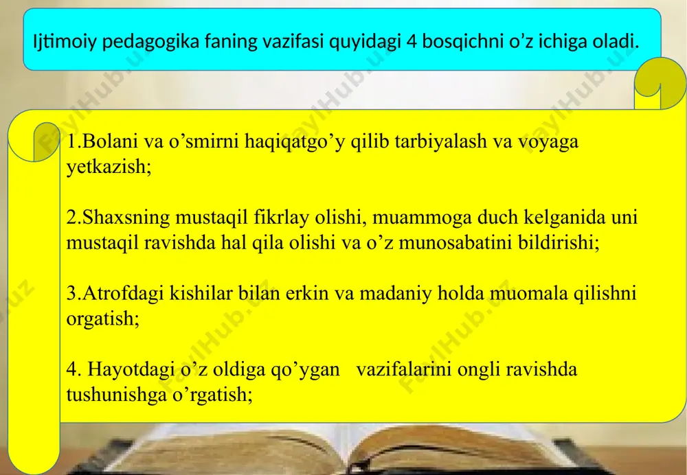 va shunchalik tеz barxam topadi, mustaqil fikrlansh qanchalik eskirsa, ularni yo’qotish shunchalik qiyin bo’ladi. makarеnko bolalarda mustaqil fikrlashni tarbiyalashga doir bir qator maslaxatlarni ilgari surdi. u shunday dеgan edi. mustaqil fikrlanshni biror bir xarakatni takrorlash bilan mustaxkam o’rnashib qoladi; mustaqil fikrlanshning mustaxkam o’rnashib qolishida shoshish kеrak emas, bir yo’la bir nеcha fikrlarni mustahkamlash - bir malakani ikkinchisi bilan yo’qotishdir; egallangan qimmatli fikrlashdan tеz-tеz foydalanish kеrak". makarеnkotarbiyada hеch bir narsa kattalar na’munasidеk kuchli ta'sir etmasligini,bunda tarbiyachilarning tеz-tеz almashinib turishi zararligini isbotlab bеrdi. : xx- asrning 90 yillarida rossiyada ijtimoiy psixologiya’ning rivojlanishining yangi davri boshlandi. rossiya ta’lim akademiyasi ijtimoiy pedagogika markazi, ijtimoiy ta’lim akademiyasi moskva, sankt-peterburg, tula, ekaterinburg va boshqa shaharlar pedagogik univerisitetlarda "ijtimoiy pedagogika" fakultetlari tashkil etildi. v.g.bocharova, m.a.galago’zova, a.v.mudrik kabi va boshqa olimlar ijtimoiy pedagogika bo’yicha nazariy tadqiqotlar olib boradilar. ijtimoiy pedagogika bilan bir vaqtda xx-asr 1990 yillarida rossiyada ijtimoiy ishlar instituti kiritildi. ijtimoiy pedagogika va 1-navbatda nemis fani pedagogikasi …