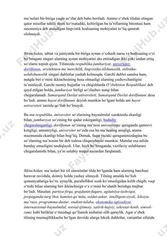640, 734, 749, 751, 752, 855, 980, 1093 hamda s. karimov va t. jo‘rayevlar tomonidan tartib berilgan «o‘zbek tiliuslubshunosligi va nutq madaniyati» (samarqand, 2001) bibliografik ko‘rsatkichida 61, 111,273, 315, 360, 428-raqamlarda qayd etilgan adabiyotlarni eslatib o‘tamiz. bular orasida m. rahmatullayevaning «alisher navoiy tilidagi sinonimlarni o‘rganish masalasiga doir» (т., 1965) mavzusida yozilgan nomzodlik dissertatsiyasi diqqatga sazovor. sanab o‘tilgan adabiyotlarning ko‘pchiligida sinonimlar sifatida leksik birliklar va ular o‘rtasidagi ma’no munosabatlari qaralib, ularga ma’nolari bir xil yoki ma’nolari bir-biriga yaqin so‘zlar deb baho beriladi. ammo o‘zbek tilidan olingan qator misollar tahlili shuni ko‘rsatadiki, keltirilgan bu ta’riflarning birontasi ham sinonimiya deb ataladigan lingvistik hodisaning mohiyatini to‘liq qamrab ololmaydi. birinchidan, tabiat va jamiyatda bir-biriga aynan o‘xshash narsa va hodisaning o‘zi bo‘lmagani singari ularning aynan mohiyatini aks ettiradigan ikki yoki undan ortiq so‘zlarni topish qiyin. tilimizda respublika-jumhuriyat} universitet-dorilfunun, arxitektura-me’morchilik, lingvistika-tilshunoslik, stilistika-uslubshunoslik singari dubletlar yashab kelmoqda. garchi dublet sanalsa ham, nutqda biri o‘rnini ikkinchisining bosa olmasligi ularning …