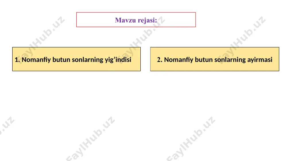 langan edi, demak, botlanishi talab etilgan (a + b) - c = (a - c) + b ifodaga ega bo’lamiz. sondan yigindini ayirish qoidasi: sondan sonlar yig’indisini ayirish uchun bu sondan qo’shiluvchilarning birini, ketidan ikkinchisini ketma-ket ayirish yetarli, ya’ni agar a, c, b — butun nomanfiy sonlar bo’lsa, u holda a> b + c bo’lganda a - (b +c) = (a - b) - c ga ega bo’lamiz. bu qoidaning asoslanishi va uning nazariy-to’plam tasviri yigindidan sonni ayirish qoidasi uchun bajarilgani kabi bajariladi. keltirilgan qoidalar boshlangich maktabda aniq misollarda qaraladi, asoslash uchun ko’rgazmali chizmalar, tasvirlar namoyish etiladi. bu qoidalar hisoblashlarni ixcham bajarish imkonini beradi. masalan, sondan yig’indini ayirish qoidasi sonni bo’laklab ayirish usuliga asos bo’ladi: 5-2 = 5- (1 + 1) = (5-1)-1=4-1= 3. 13- mavzu: ko`paytmaning ta'rifi, uning mavjudligi va yagonaligi. ko`paytirish qonunlari. ko`paytmaning yig`indi orqali ta'rifi. nomanfiy butun sonlar ko’paytmasi. a = n(a) va b = n(b)bo’lgana va …