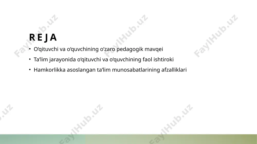 hi va o‘quvchi o‘rtasidagi munosabatlar mustahkamlanadi, bu esa ta’lim jarayonining samaradorligini oshiradi. pedagogik mavqei niyatlari va amaliyotdagi ijrosi: o‘qituvchi va o‘quvchining rollarini aniqlash. maqsadlar pedagogik mavqei niyatlari o'qituvchi va o‘quvchining ta’limdagi rolini aniqlashda muhim. ular shaxsiy va kollektiv rivojlanishni ta’minlashga qaratilgan bo‘lishi kerak. ijro usullari amaliyotda, pedagogik niyatlar o‘qituvchilarning interaktiv metodlar, texnologiyalar va muomala usullari bilan amalga oshiriladi. bu o‘quvchilarning faol ishtirokini ta’minlaydi. natijalar niyatlar va amaliyotning muvofiqligi orqali o‘quvchi va o‘qituvchining roli mustahkamlanadi. bu ta’lim sifatini oshirish va shaxsiy rivojlanishga olib keladi. o‘qituvchi va o‘quvchining faol ishtiroki: ta’limda aktivlik va shaxsiy rivojlanish. 01 faollikning ahamiyati ta’limda faol ishtirok o‘quvchi va o‘qituvchining shaxsiy rivojlanishini ta’minlaydi. bu jarayon bilish va amaliy ko‘nikmalarni mustahkamlash uchun muhimdir. 02 interaktiv metodlar o‘qituvchi va o‘quvchi o‘rtasidagi faol ishtirok interaktiv metodlar yordamida rivojlanadi. bu usullar o‘quvchilarning fikrlash va muhokama qilish qobiliyatini oshiradi. 03 shaxsiy rivojlanish faol ishtirok shaxsiy rivojlanishni rag‘batlantiradi. o‘quvchi o‘z fikrini ifoda etish va …