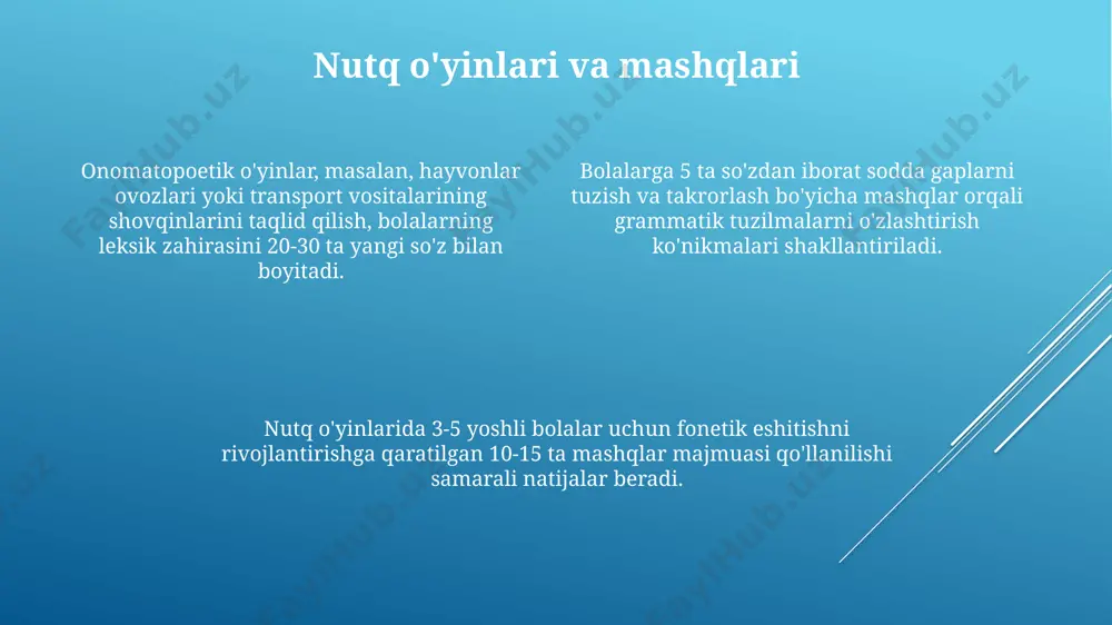 o'yinlar orqali nutq mashqlari o'tkazish, fonetik tovushlarni to'g'ri talaffuz qilish ko'nikmasini shakllantirishga yordam beradi. tilning rivojlanishi va nutqning boshlanishi nutqning boshlanishi, fonetik-fonetik jarayonlarning to'g'ri shakllanishiga bog'liq bo'lib, bu bolaning tovushlarni farqlash va takrorlash qobiliyatiga ta'sir qiladi, taxminan 2 yoshda birinchi so'zlar paydo bo'ladi. tilning rivojlanishi 18 oylikdan 3 yoshgacha bo'lgan davrda faol so'z boyligining sezilarli o'sishi bilan tavsiflanadi, bu davrda o'rtacha 50 dan 200 gacha so'z faol qo'llaniladi. til va nutq rivojlanishining muhim ko'rsatkichlari orasida morfologik va sintaktik jihatlar ham bor, ya'ni so'zlarni biriktirib gap tuzish qobiliyati, 3 yoshga kelib oddiy gaplarni tuzishi mumkin. bog'langan nutqni rivojlantirish bog'langan nutqni rivojlantirishda 3-5 yoshli bolalarda 20-30 ta so'zdan iborat sodda gaplarni tuzish ko'nikmasini shakllantirish muhim ahamiyatga ega. bog'langan nutqni rivojlantirishda, hikoya qilish, muloqot o'yinlari va she'rlarni yod olish orqali bolaning lug'at boyligini 100-150 ta so'zgacha oshirish maqsadga muvofiqdir. murakkab grammatik tuzilmalarni o'zlashtirishdan oldin, bolalarda fe'l va otlarning to'g'ri kelishiga asoslangan 5-7 ta …