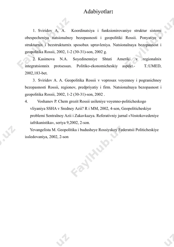 oqsiz bo`lib qoldi. 1988-1989 yillarda havza ikkiga bo`lindi: shimoliy – kichik dengiz (kichik orol) va janubiy –katta dengiz (katta orol). kichik dengizga sirdaryoning kamroq oqimi, katta dengizga amudaryo oqimi keladi. keyingi paytlarda kichik dengiz maydoni kam o`zgargan, bu uning sathi barqarorlashganidan darak beradi. katta dengiz maydoni qisqarishda davom etmoqda. kichik va katta dengizlarni birlashtirib turuvchi avvalgi berg bo`g`ozi kichik dengizning ortiqcha suvini katta dengizga tashlaydigan tor va yetarlicha uzun oqimga aylandi. adabiyotlar: sviridov a. a. koordinatsiya i funksionirovaniye struktur sistemi obespecheniya natsionalnoy bezopasnosti i geopolitiki rossii. ponyatiye o strukturnix i bezstrukturnix sposobax upravleniya. natsionalnaya bezopasnost i geopolitika rossii, 2002, 1-2 (30-31)-son, 2002 g. kasimova n.a. soyedinenniye shtati ameriki v regionalnix integratsionnix protsessax. politiko-ekonomicheskiy aspekt.- t.:umed, 2002,183-bet. sviridov a. a. geopolitika rossii v voprosax voyennoy i pogranichnoy bezopasnosti rossii, regionov, predpriyatiy i firm. natsionalnaya bezopasnost i geopolitika rossii, 2002, 1-2 (30-31)-son, 2002 . voshanov p. chem grozit rossii usileniye voyenno-politicheskogo vliyaniya …
