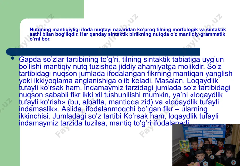 ga yetmoq. payiga tushmoq 1. zimdan yurib butun xatti-harakatini ta’qib qil moq. ma’nodoshi: iziga tushmoq; ketiga tushmoq; orqasiga tushmoq. o’xshashi: payidan tushmoq. 2. manfaatdor bo’lgani holda berilib harakat qilmoq. ma’nodoshi: ketiga tushmoq. 1. gapda so’z tartibi deb nimaga aytiladi? 2. gapda so’z tartibi o’zgarishi mumkinmi? bu qaysi nutq shaklida ko’proq kuzatiladi? 3. qanday maqsad bilan she’riy asarlarda o’zgargan so’z tartibidan foy dalaniladi? 4. so’z tartibidagi nuqson natijasida nutqning qaysi sifati buziladi? 5. nutqning mantiqiylik sifati ifoda jihatidan ko’proq tilning qaysi bo’limi bilan bog’liq? 46-mashq. matnni ko’chiring, unda mantiqiylik sifatining ta’minla nishida ishtirok etgan sintaktik birliklarni izohlang. . 1956-yili edi. yetimxonada birga o’sgan tengdoshlarimni uchratib qoldim. yigirma yilcha ko’rishmagan bo’lsak-da, men u haqda ancha-muncha gapni eshitib bilar edim. o’zim umrimda ko’p qiyinchilik, mushkul vaziyatlarni boshimdan kechirganman. lekin mening ko’rgan kunimni buning ko’rgiliklari oldida jannat desa bo’lardi. u tarixchi yosh muallim edi. 1941-yili urushga ketganini bilaman, keyin ko’p o’tmay, bedarak yo’qolganini eshitdim. …
