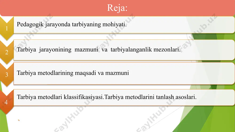 donlilik xislatlarini shakllantirish. tarbiyaning turlari tarbiyaning turli ko‘rinishlari pedagogik jarayonda o‘zaro bog‘liq holda amalga oshiriladi: 1.oilaviy tarbiya: bola tarbiyasida oila birlamchi muhit hisoblanadi. ota-onalar tarbiya jarayonining bosh subyektlaridir. 2.maktab tarbiyasi: maktab muhitida o‘qituvchi va sinfdoshlar ta’sirida shaxsning bilim va axloqiy fazilatlari shakllanadi. 3.jamoat tarbiyasi: jamoat tashkilotlari va mahalliy muhit orqali bola ijtimoiylashadi va ijtimoiy mas’uliyatni o‘zida his qiladi. 4.o‘z-o‘zini tarbiyalash: inson o‘z oldiga maqsad qo‘yib, shaxsiy kamolot yo‘lida mustaqil faoliyat olib boradi. tarbiyaning asosiy prinsiplari 1.maqsadga yo‘naltirilganlik: har qanday tarbiya aniq maqsadga ega bo‘lishi lozim. 2.yosh va individual xususiyatlarni inobatga olish: tarbiya shaxsning yoshi, qobiliyati va qiziqishlarini hisobga olgan holda tashkil etiladi. 3. hayot bilan bog‘liqlik: tarbiya jarayoni kundalik hayot va jamiyatning ehtiyojlari bilan chambarchas bog‘liq bo‘lishi zarur. 4. faollik va ongli ishtirok: tarbiya jarayonida tarbiyalanuvchi faol ishtirok etishi kerak. 5. uzliksizlik va tizimlilik: tarbiya jarayoni uzluksiz bo‘lib, bosqichma-bosqich amalga oshiriladi. tarbiyaning zamonaviy yondashuvlari bugungi kunda tarbiya jarayonida quyidagi zamonaviy …