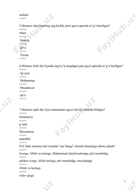 ekinish ==== begona bayt ++++ 12.mumtoz she’riyatda qaysi badiiy tasvir ifodasini sharhlashda iqtibos san’ati bilan birgalikda ko’rib chiqish maqsadga muvofiq? ==== #talmeh ==== tashxis ==== ruju’ ==== istiora ++++ 13. g’ussa changidin navoye’ topmadim ushshoq aro, to navoiydek asir-u benavo bo’ldim sango.navoiyning oshiqona g’azali maqta’si bo’lgan ushbu baytda qaysi badiiy san’atlar yetakchilik qilgan? ==== #tashbeh, ishtiqoq, istiora, tajnis ==== faqat istiora ==== faqat tajnis ==== faqat ishtiqoq ++++ 14.ul sanamkim, suv yaqosinda paritek o’ltirur, g’oyati nozuklikindin suv bila yutsa bo’lur. atoyi baytida mubolag’aning qaysi turi yetakchilik qilgan? ==== #ifrot ==== ig’roq ==== tablig’ ==== g’uluvv ++++ 15.tarab tiflin tug’urdi dahr zoli, magarkim doya bo’ldi anga navro’z. (dunyo kampiri shodlik bolasini tug’ganida navro’z unga doyalik qildi). ogahiyning peyzaj lirikasida qaysi so’z va birikmalar tashxis san’atini yuzaga keltirgan? ==== #tarab tifli, dahr zoli, doya navro’z ==== taraf tifli ==== dahr zoli ==== doya navro’z ++++ 16.munisning “qaysi gulning men kibi bir andalibi …