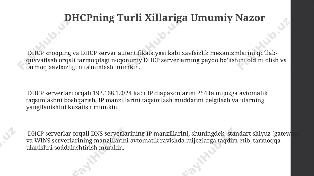 zilni ishlatmasligini tekshiring. ip manzillarni tekshirib ko'ring va dhcp-ni qayta ishga tushiring. agar tarmoqdagi qurilmalar dhcp serveriga ulanmasa, tarmoq kabelining to'g'ri ulanganligini, ip manzil oralig'ining to'g'ri sozlanganligini va dhcp xizmatining serverda ishlayotganligini tekshiring. 255.255.255.0 kabi subnet maskani tekshiring. ip-manzillarni avtomatik atashning ahamiyati dhcp serveri ip-manzilning ijara muddatini boshqaradi (masalan, 12 soat), bu esa ip manzillarini samarali boshqarish va tarmoq resurslaridan oqilona foydalanishni ta'minlaydi. ip-manzillarni avtomatik taqsimlash tarmoq xavfsizligini oshiradi, chunki noqonuniy qurilmalar tarmoqqa kirish uchun ruxsatsiz ip manzillaridan foydalana olmaydi. dhcp protokoli tarmoqdagi 254 ta qurilmaga avtomatik ip manzillarini taqsimlash imkonini beradi, bu esa qo'lda sozlash vaqti va xarajatlarini sezilarli darajada kamaytiradi. dhcp server monitoring va loglar log fayllarini tahlil qilish orqali, oxirgi hafta davomida 50 dan ortiq dhcp mijozlarining muvaffaqiyatsiz ulanish holatlari aniqlangan bo'lsa, bu dhcp server yoki tarmoq infratuzilmasida jiddiy muammolar borligini ko'rsatadi. dhcp server loglarida "ip address conflict" xabarlarining soni va vaqti bo'yicha tahlil qilish, tarmoqdagi ip …