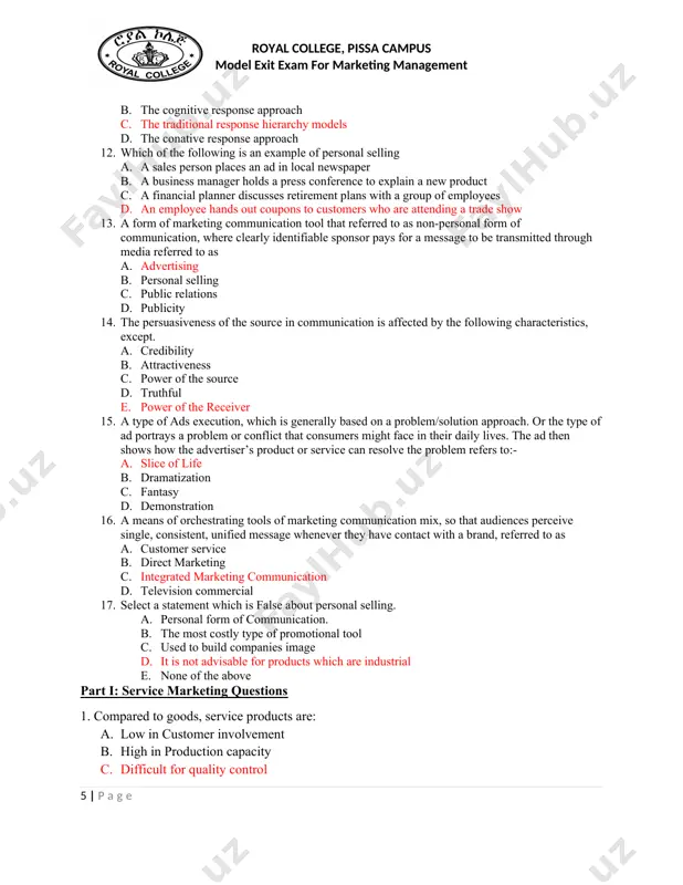 n of umbrella branding. 9. which one of the following is wrongly defined? a. receiver is the party receiving the message. b. media is the communications channel c. encoding is the process of putting thought into symbolic form d. decoding is the process by which the receiver assigns meaning to the symbols. e. none of the above 10. which of the following is an overall goal of the promotional mix: a. to decrease operating expenses b. to convey a message consistently c. to persuade customers to buy d. to have the right goods available 11. which one of the following models have been developed to depict the stages a consumer may pass through in moving from a state of not being aware of a company, product, or brand to actual purchase behavior. a. the alternative response hierarchies b. the cognitive response approach c. the traditional response hierarchy models d. the …