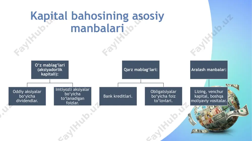kompaniya muvaffaqiyati va raqobatbardoshligini belgilaydi. find more powerpoint templates on prezentr.com! ko'rib chiqilayotgan investitsiyalarning iqtisodiy samaradorligi deganda, odatda, asosiy vositalarni qurish, rekonstruksiya qilish yoki sotib olish bilan bog'liq xarajatlar bilan foyda ko'rinishidagi natijalar o'rtasidagi nisbat tushuniladi. find more powerpoint templates on prezentr.com! ba'zan investitsiyalar rentabelligi asosiy kapitalga qo'yilgan investitsiyalar samaradorligini baholashning asosiy mezoni sifatida boshqa ko'rsatkichlar bilan to'ldiriladi. masalan, brend mavjudligini kengaytirish dinamikasi, uning iste'molchilar orasida tan olinishi. har ikkala tendentsiyani hatto unchalik katta bo'lmagan iqtisodiy ko'rsatkichlar bilan ham kuzatish mumkin find more powerpoint templates on prezentr.com! barcha hollarda asosiy kapitalga investitsiya kiritishning bevosita natijasi korxona ishlab chiqarish quvvatlarining oshishi yoki ularning sifat jihatdan o’zgarishi hisoblanadi. bu kompaniya oladi degan ma'noni anglatadikatta hajmdagi tovarlar yoki texnologik jihatdan ilg'or mahsulotlarni ishlab chiqarish qobiliyati. find more powerpoint templates on prezentr.com! yana bir savol - bu xarajatlarni kamaytirish bilan birga keladimi. gap shundaki, xarajatlarni kamaytirish har doim ham kompaniya rahbariyatining asosiy vositalarni yangilash …