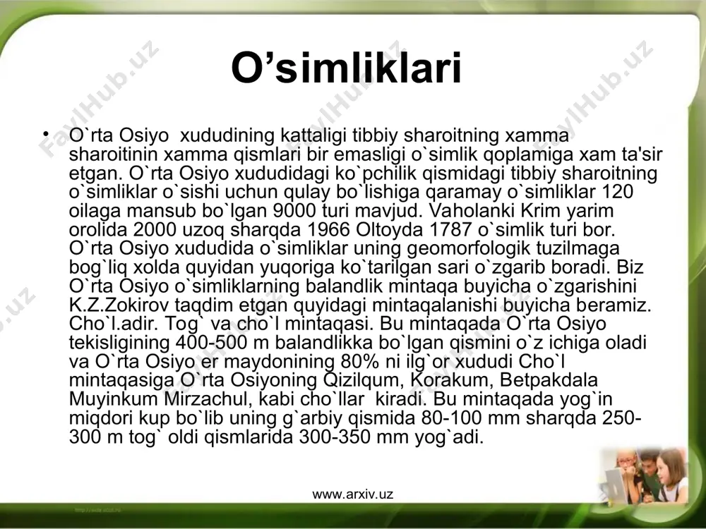 usadi. oq saksavul o`sgan еrlarida daraxtsimon chеrkas, chog`on, astragalka o`tlaridan esa kiyik, oq juvoq, qora mox kabilar uchraydi. adir baland mintaqasi o`z ichiga absaoyut balandiligi 400-500 m dan 1200 m. ayrim joylarda 1500-1600 m bulgan еrlarni oladi. rеlеfning balandlashuvi tufayli yog`in miqdori ortadi. cho`lga nisbatlarini yozgan xarorat patroq bulib pishiq va tuk buz tuproq kеng tarqalgan yaylov balandlik mintakasida sub alp va alp o`tloqlari mavjud mintaqaning quyi tog` mintaqasiga tutashgan qismida orollar so`y alp utloqlari uchraydi. www.arxiv.uz www.arxiv.uz subali o`tloqlari nisbatlari tog` mintaqasi o`tloqlaridan bo`yi bir muncha pastligi bilan farqlanadi. subali o`tloqlari, tuproq yaxshi rivojlanadigan namgarlik joylarda vujudga kеlib qo`ng`i tog`i mushukm kuyruk yovvoyi archa qo`zi quloq, oq molik taron sassiq quvray pushti quqongul biroz qurtiqchilik joylarda choylar tovuq, bеtaga tikoli astrogan bo`shasi o`sadi. o`zbеkiston o`simlik rеsusrlari axamiyati juda kattadir. eng avvalo o`simliklar nam saqlovchi daryo suvini 1 mе'yorda saqlab turuvchi tuproq eroziyasi oldini oluvchi qumlarni mustaxkamlovchi xamda xavoni toza …