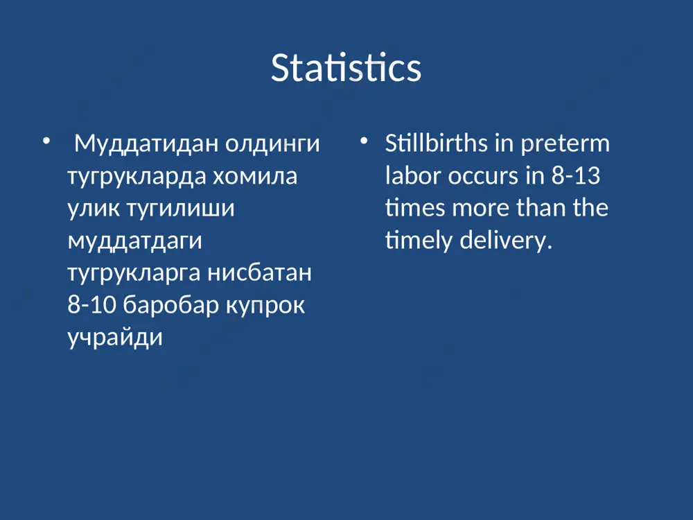 ebranish, shovkin, toksik moddalar bilan zaxarlanish ) ekologik ta'sirlar, tashki muxit ifloslanishi alkogolizm, tamaki chakish, narkomaniya, xar xil dorilarni kabul kilish myoma of utery harmful occupational factors (vibration, noise, and chronic toxicity of chemicals) environmental impact, environmental pollution alcoholism, smoking, drug addiction sabablar - reasons for termination of pregnancy xomiladorlikdagi buzilishlar bir vaktda bir nechta xar xil sabablar ta'sirida kelib chikishi mumkin, lekin kupincha kaysi biri muximrokligini aniklash murakkab buladi. violation of pregnancy may be due to a combination of reasons, at the same time and it is often difficult to determine the leading cause. gormonal buzilish sababli xomila tushishi – hormonal miscarriage sarik tanacha gormoni etarlik ishlab chikarilmaslikdan yuldosh gormonal faoliyati etishmovchiligi gormonal etishmovchilik kuprok rivojlanmagan bachadonda kuzatiladi (infantilizm, gipoplaziya), kuprok urganuvchan xomila tushib kolishiga sharoit yaratadi va sabab buladi insufficient hormone production by the corpus luteum lack of hormonal activity of the placenta hormone deficiency is often associated …